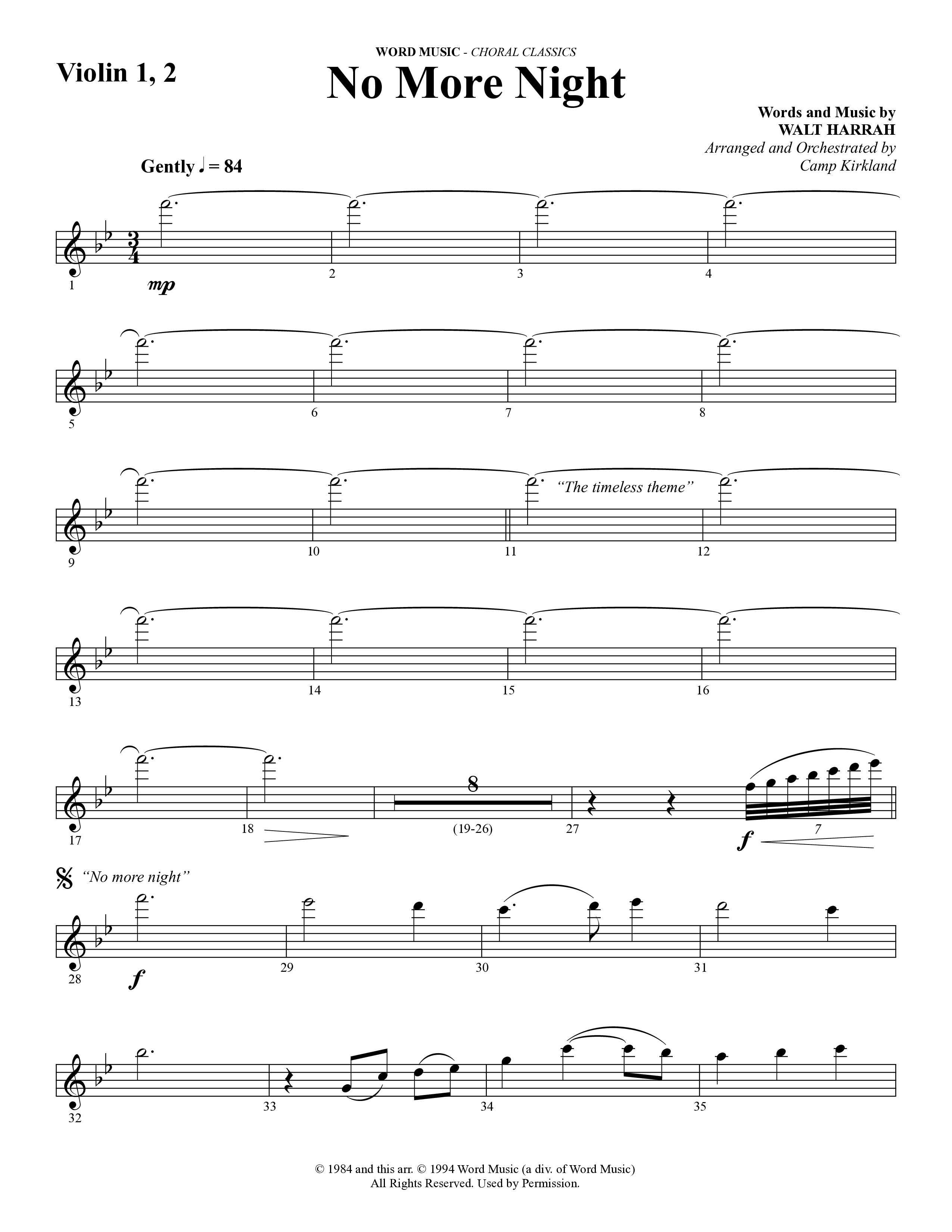 No More Night (Choral Anthem SATB) Violin 1/2 (Word Music Choral / Arr. Camp Kirkland)
