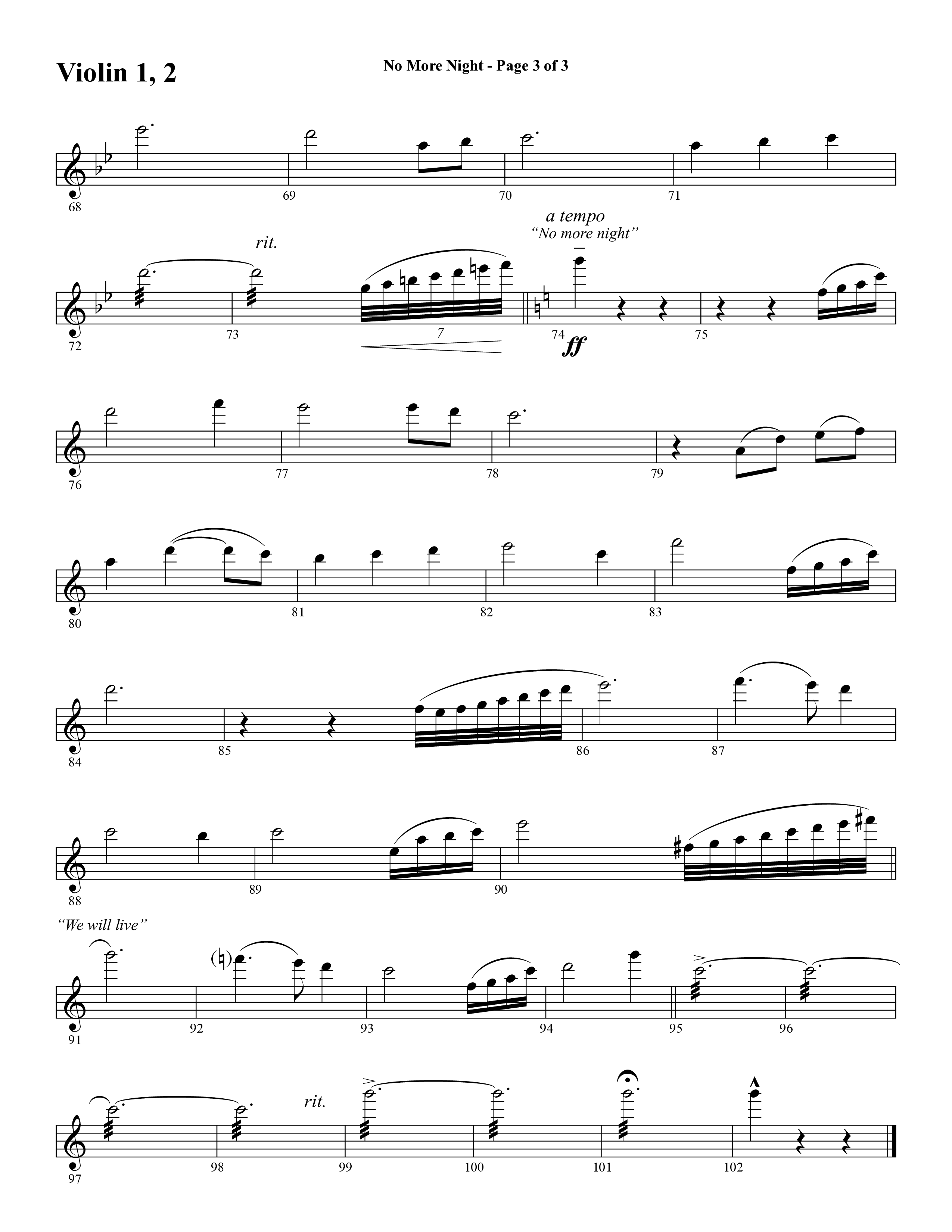 No More Night (Choral Anthem SATB) Violin 1/2 (Word Music Choral / Arr. Camp Kirkland)
