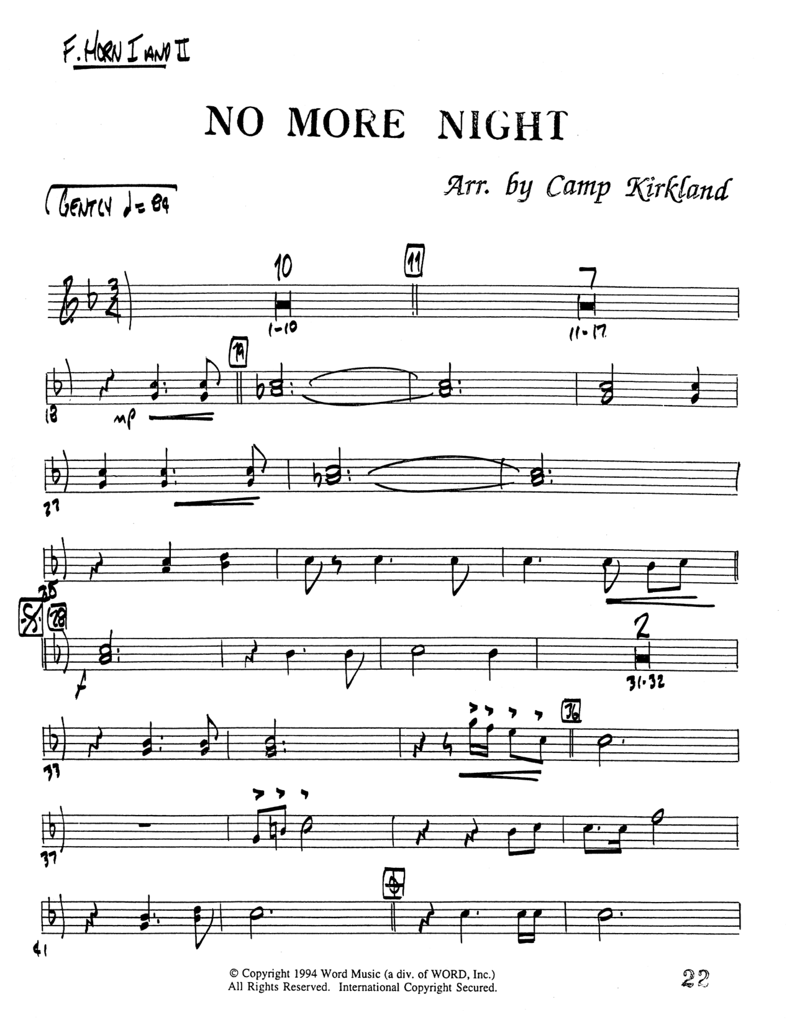 No More Night (Choral Anthem SATB) French Horn 1/2 (Word Music Choral / Arr. Camp Kirkland)