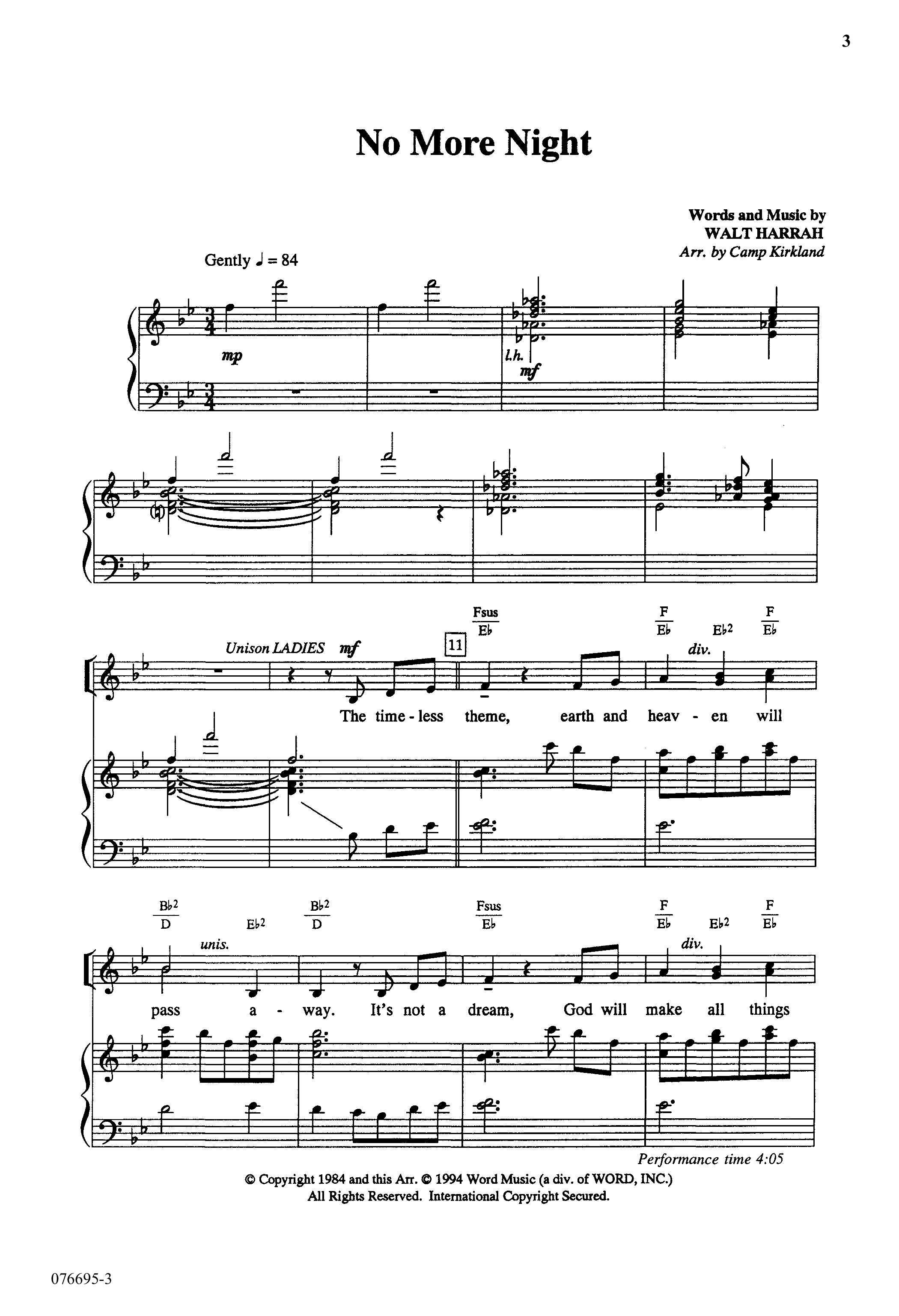 No More Night (Choral Anthem SATB) Anthem (SATB/Piano) (Word Music Choral / Arr. Camp Kirkland)