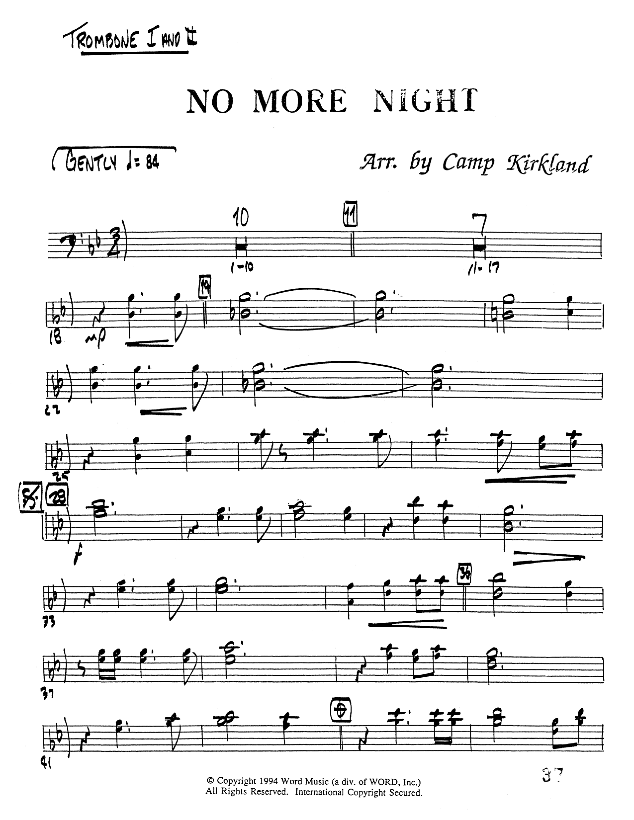 No More Night (Choral Anthem SATB) Trombone 1/2 (Word Music Choral / Arr. Camp Kirkland)
