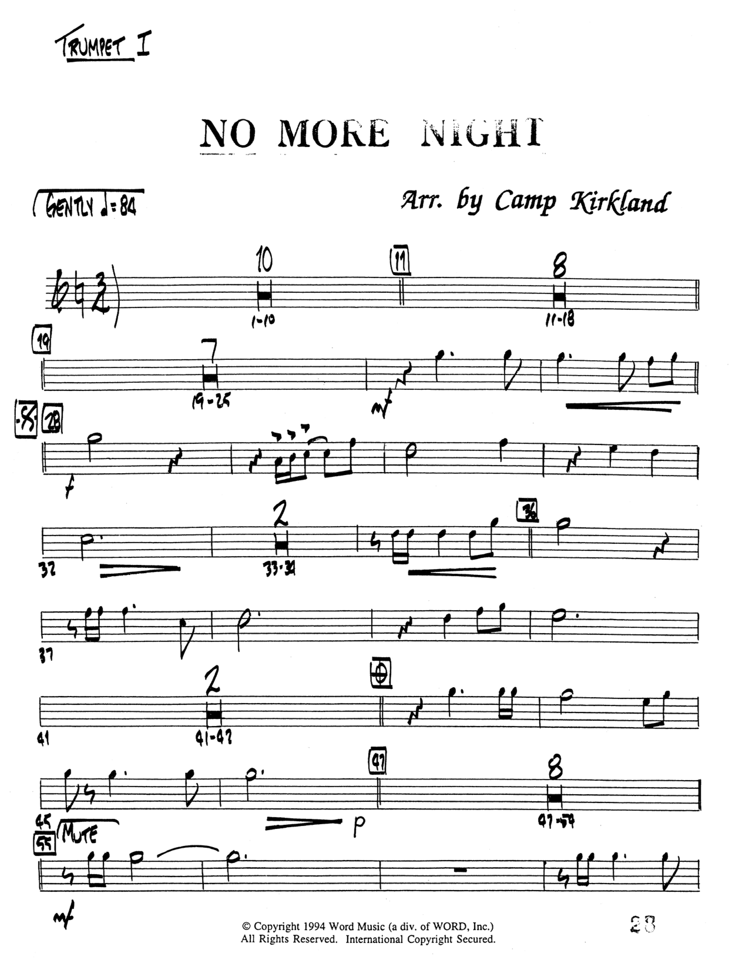 No More Night (Choral Anthem SATB) Trumpet 1 (Word Music Choral / Arr. Camp Kirkland)