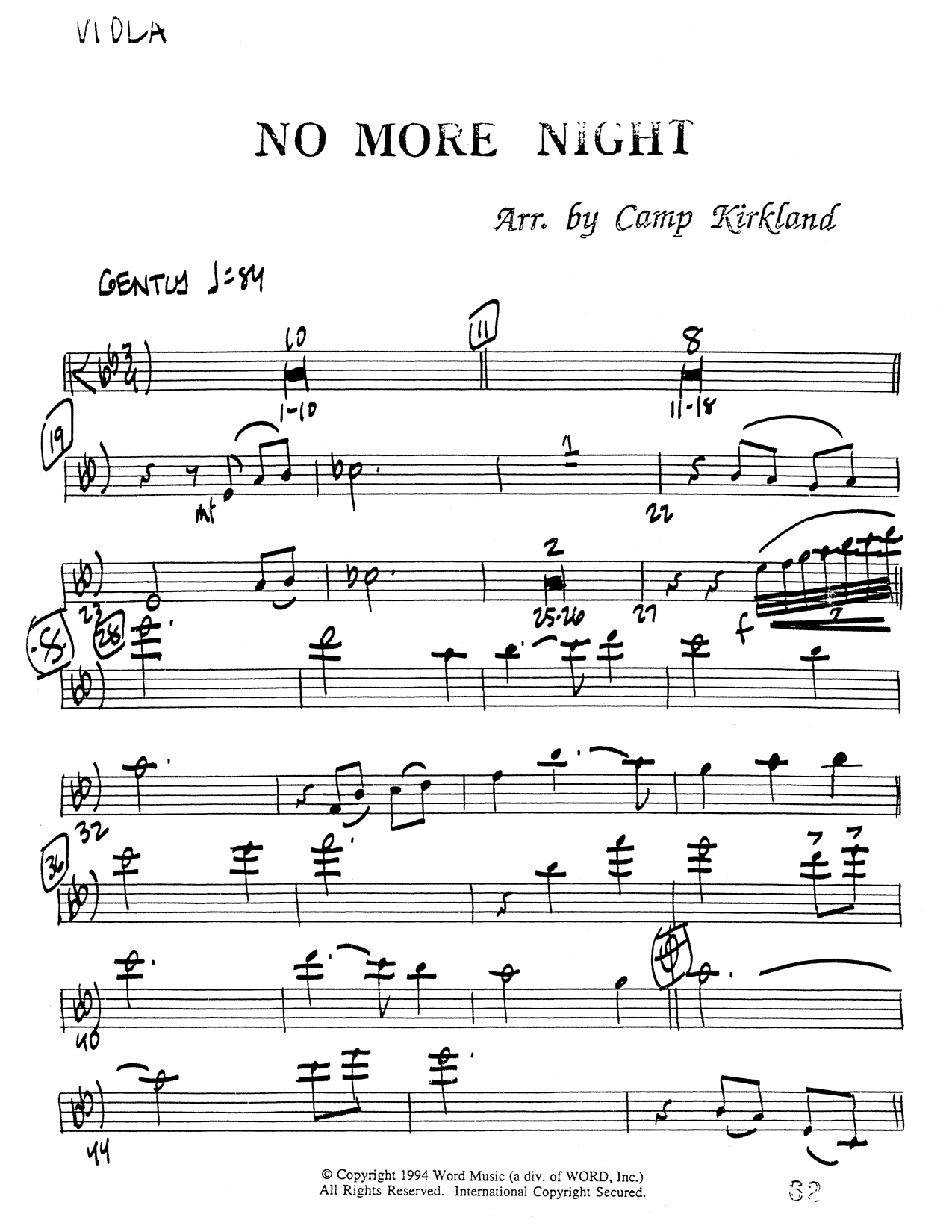 No More Night (Choral Anthem SATB) Viola (Word Music Choral / Arr. Camp Kirkland)