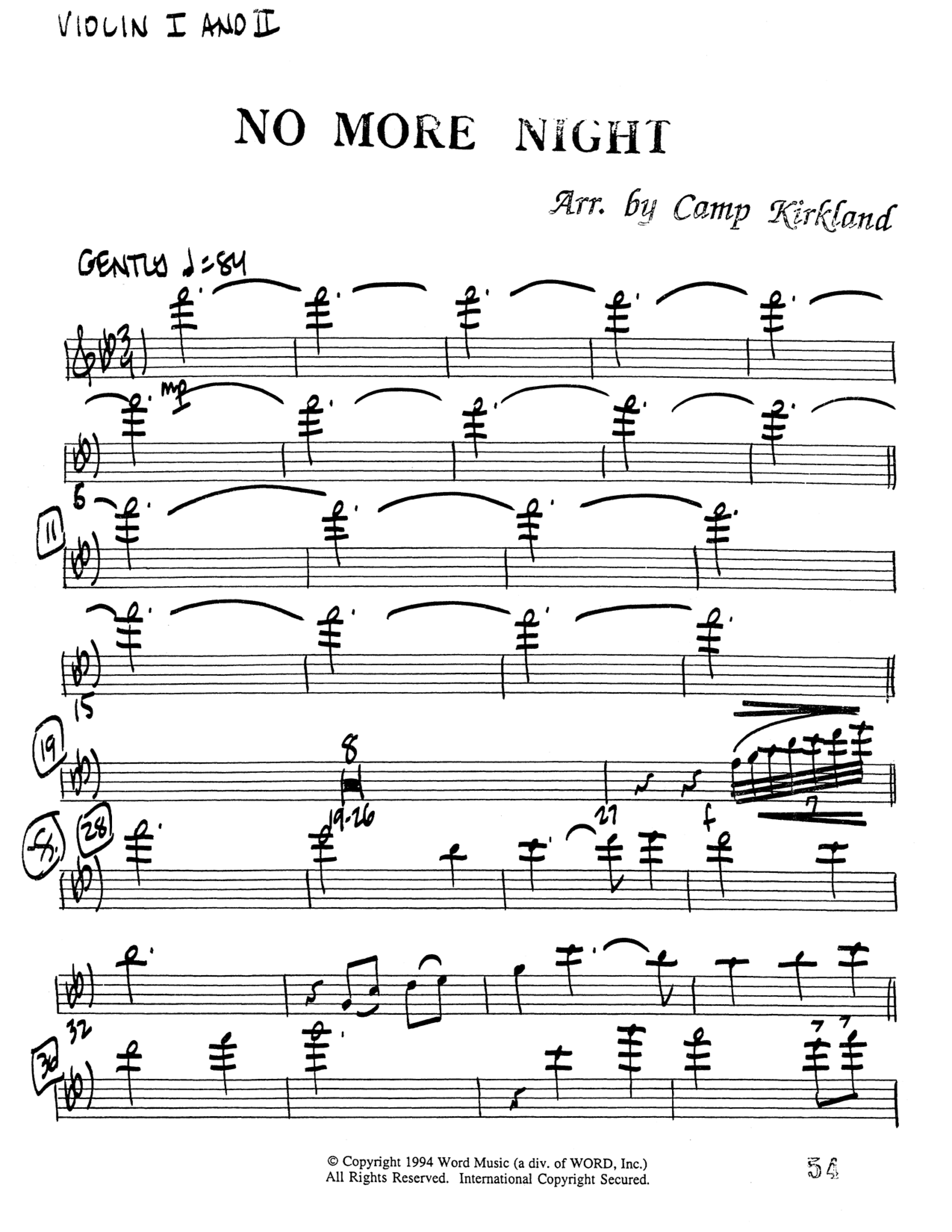 No More Night (Choral Anthem SATB) Violin 1/2 (Word Music Choral / Arr. Camp Kirkland)