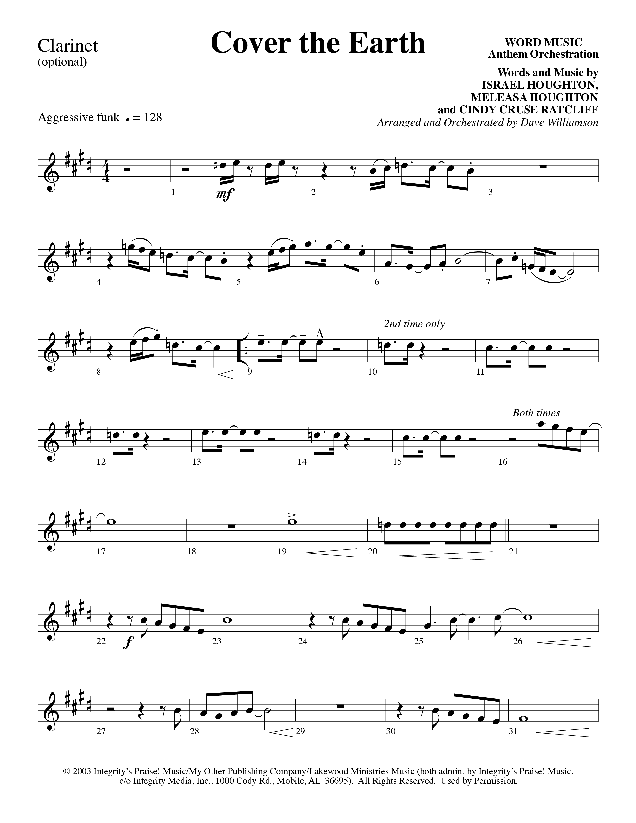 Cover The Earth (Choral Anthem SATB) Clarinet (Word Music Choral / Arr. Dave Williamson)