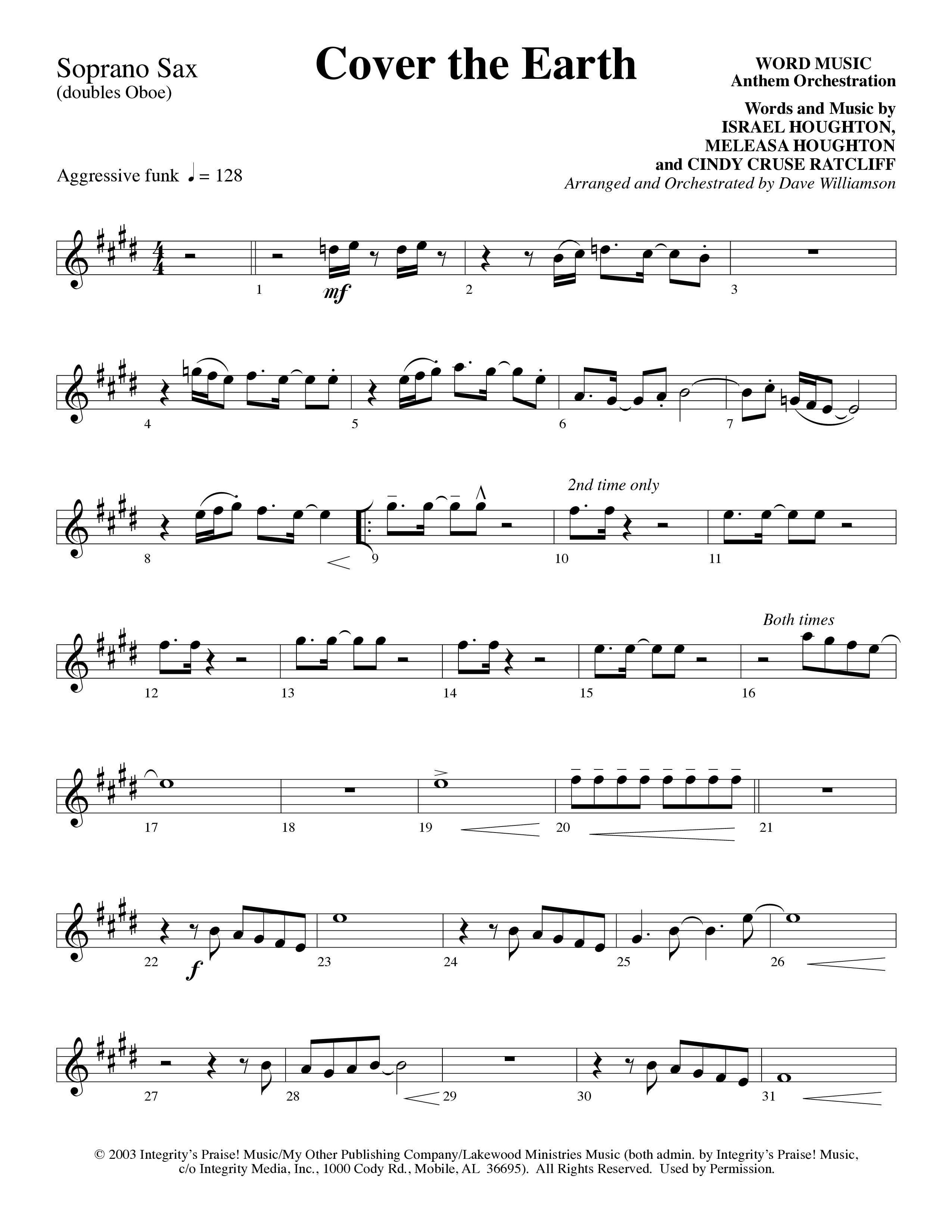 Cover The Earth (Choral Anthem SATB) Soprano Sax (Word Music Choral / Arr. Dave Williamson)
