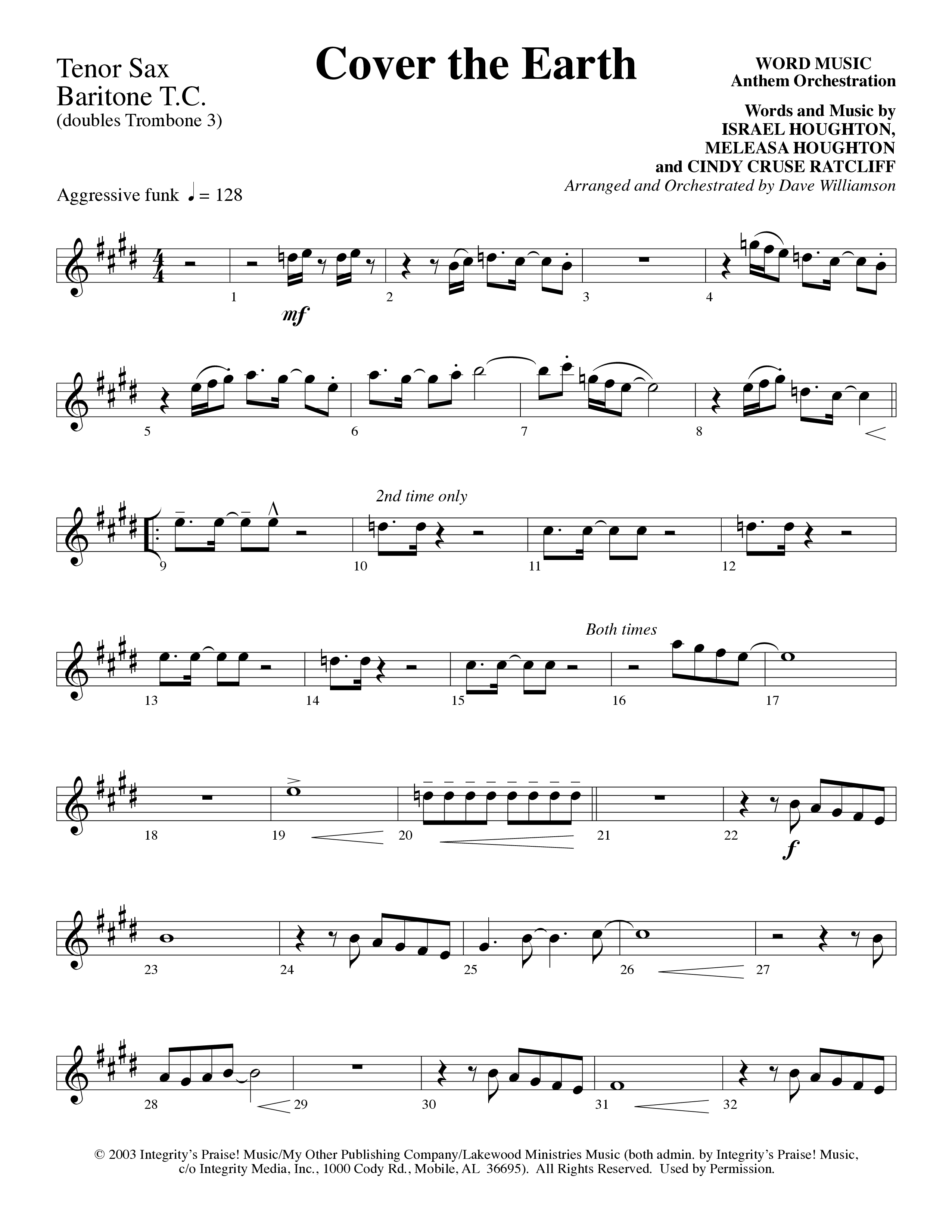 Cover The Earth (Choral Anthem SATB) Tenor Sax/Baritone T.C. (Word Music Choral / Arr. Dave Williamson)