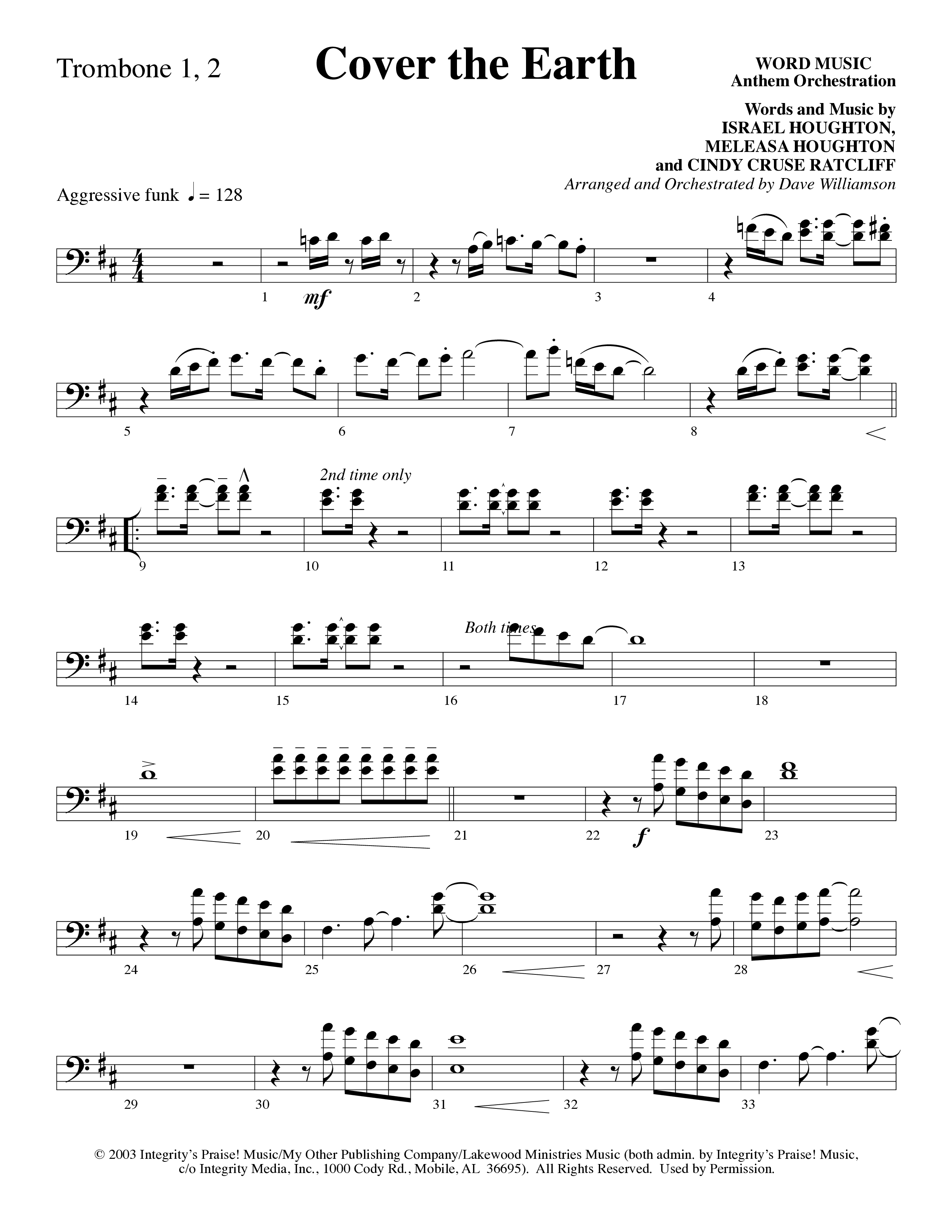 Cover The Earth (Choral Anthem SATB) Trombone 1/2 (Word Music Choral / Arr. Dave Williamson)