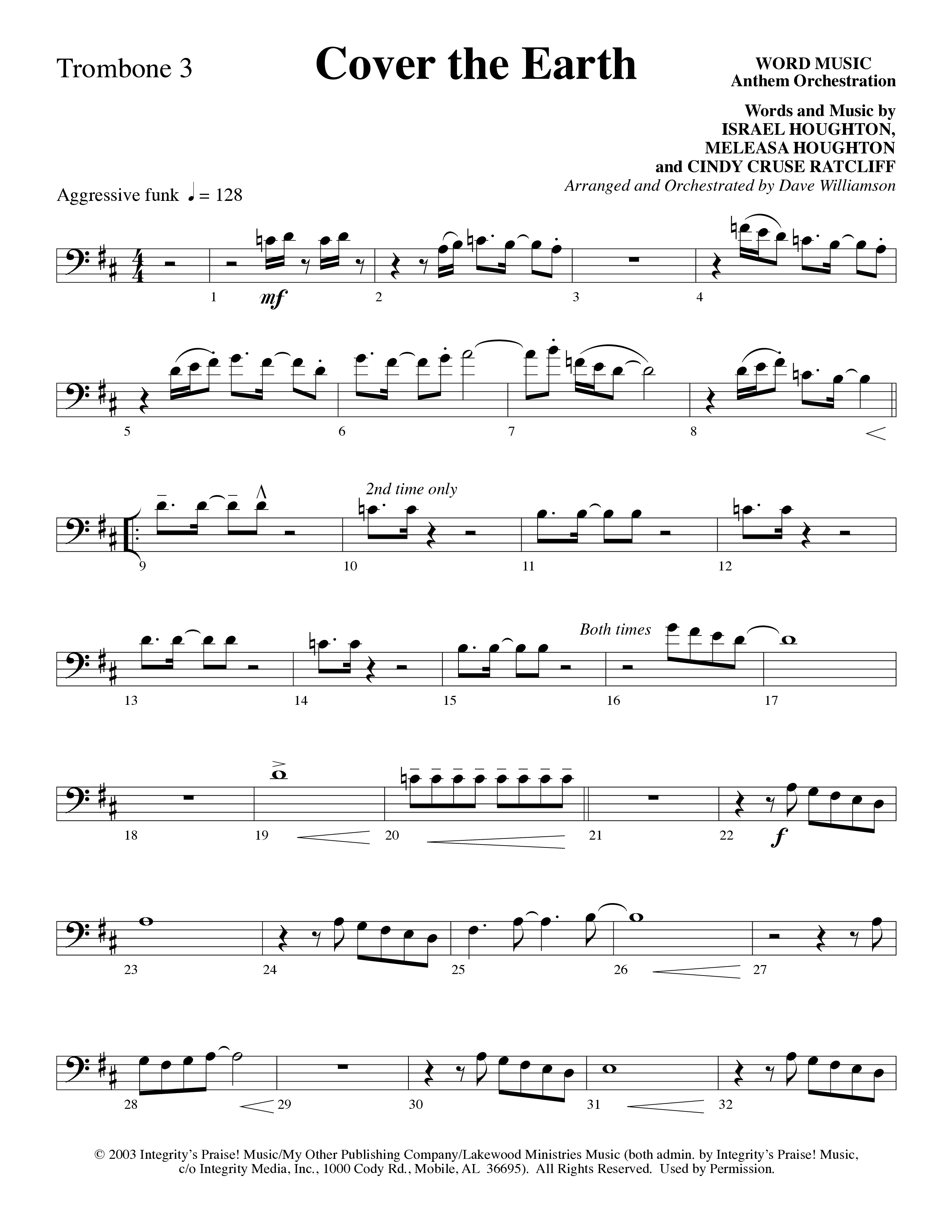 Cover The Earth (Choral Anthem SATB) Trombone 3 (Word Music Choral / Arr. Dave Williamson)