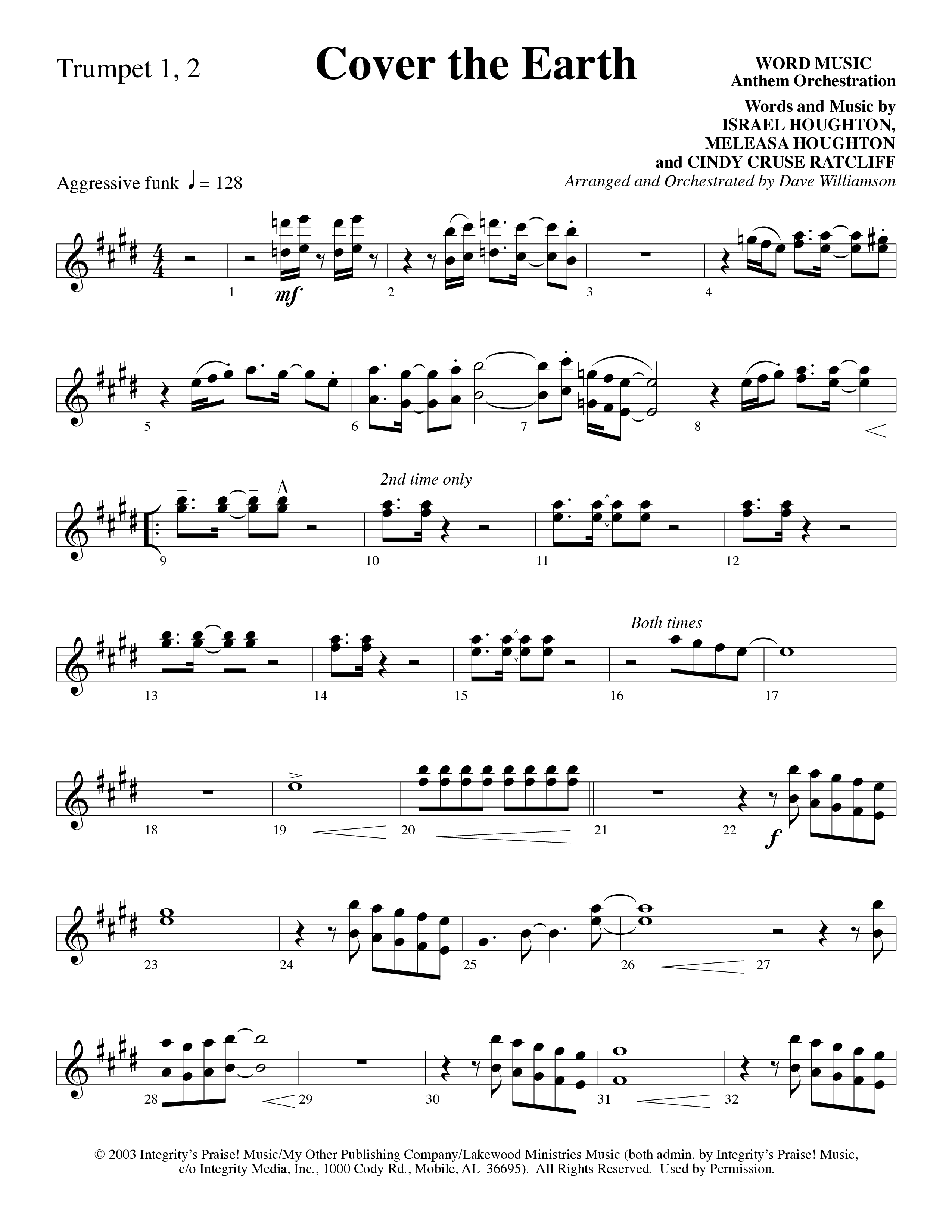 Cover The Earth (Choral Anthem SATB) Trumpet 1,2 (Word Music Choral / Arr. Dave Williamson)