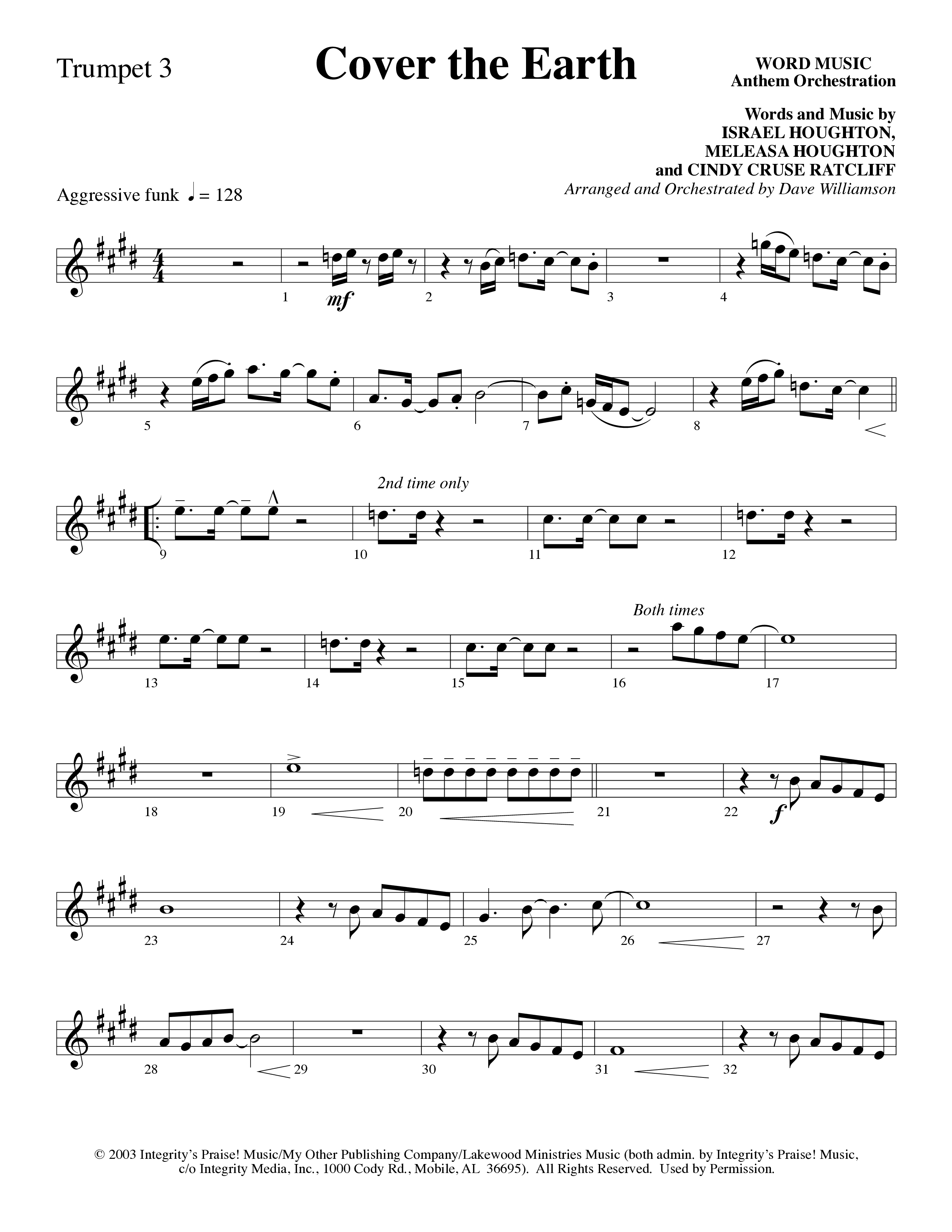 Cover The Earth (Choral Anthem SATB) Trumpet 3 (Word Music Choral / Arr. Dave Williamson)