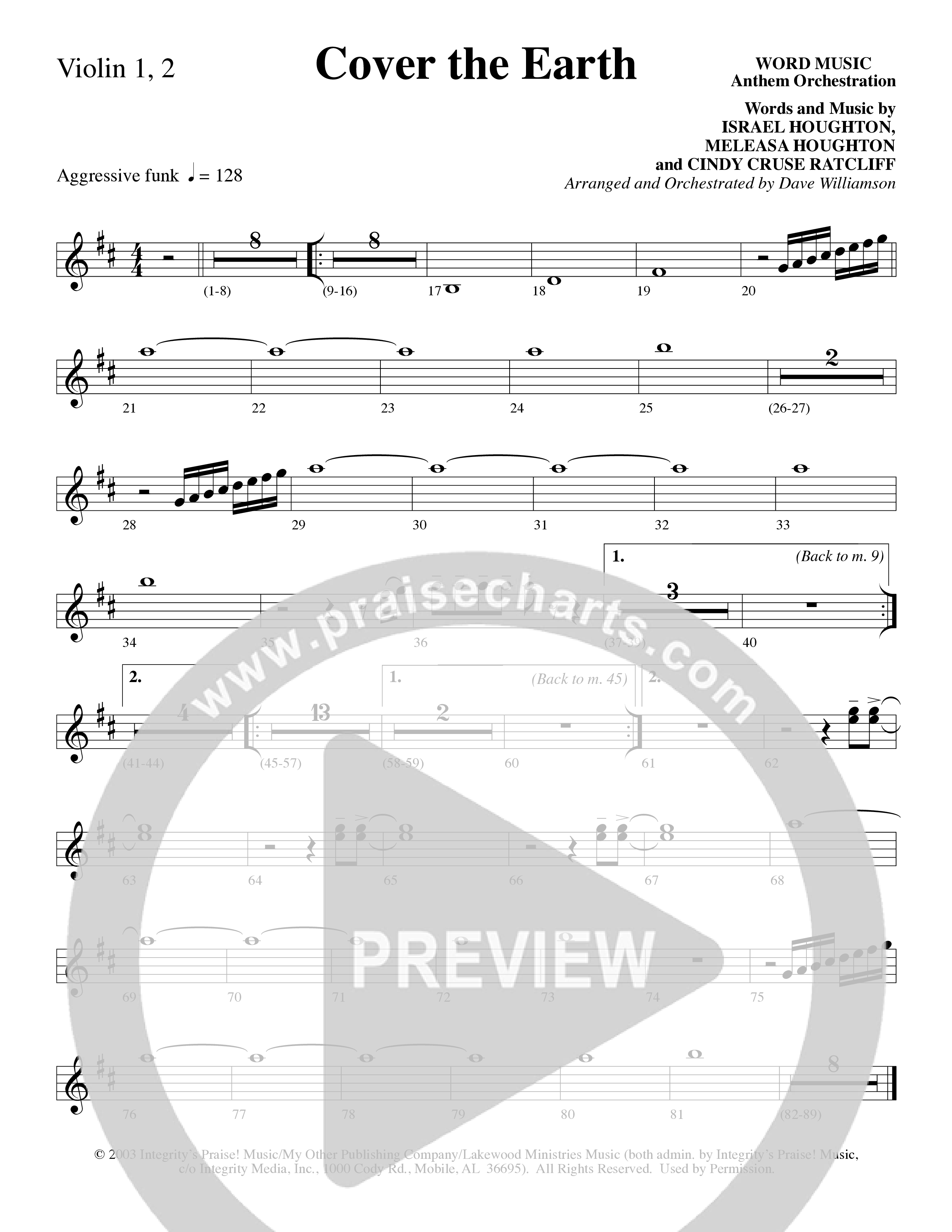 Cover The Earth (Choral Anthem SATB) Violin 1/2 (Word Music Choral / Arr. Dave Williamson)