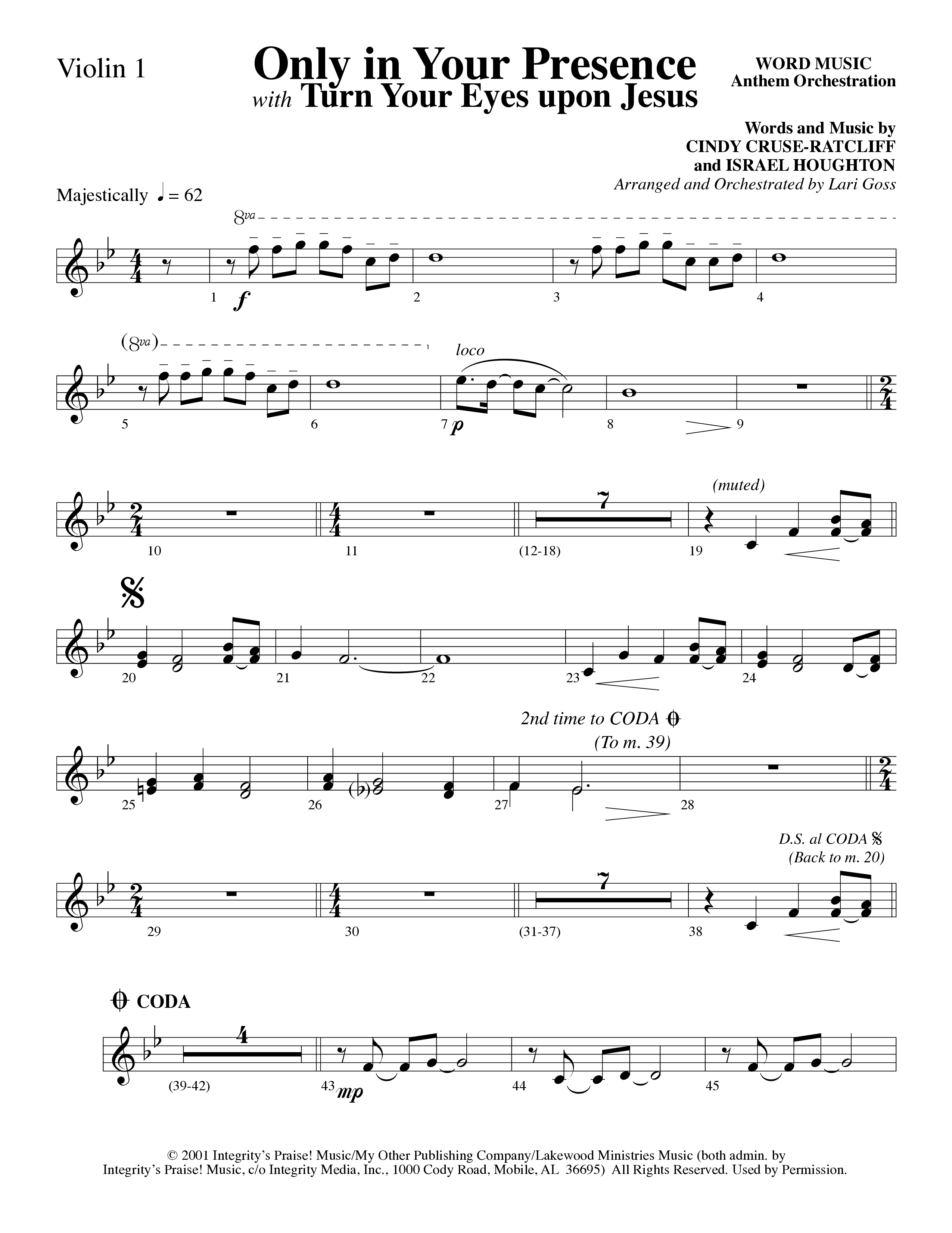 Only In Your Presence (Choral Anthem SATB) Violin 1/2 (Word Music Choral / Arr. Lari Goss)