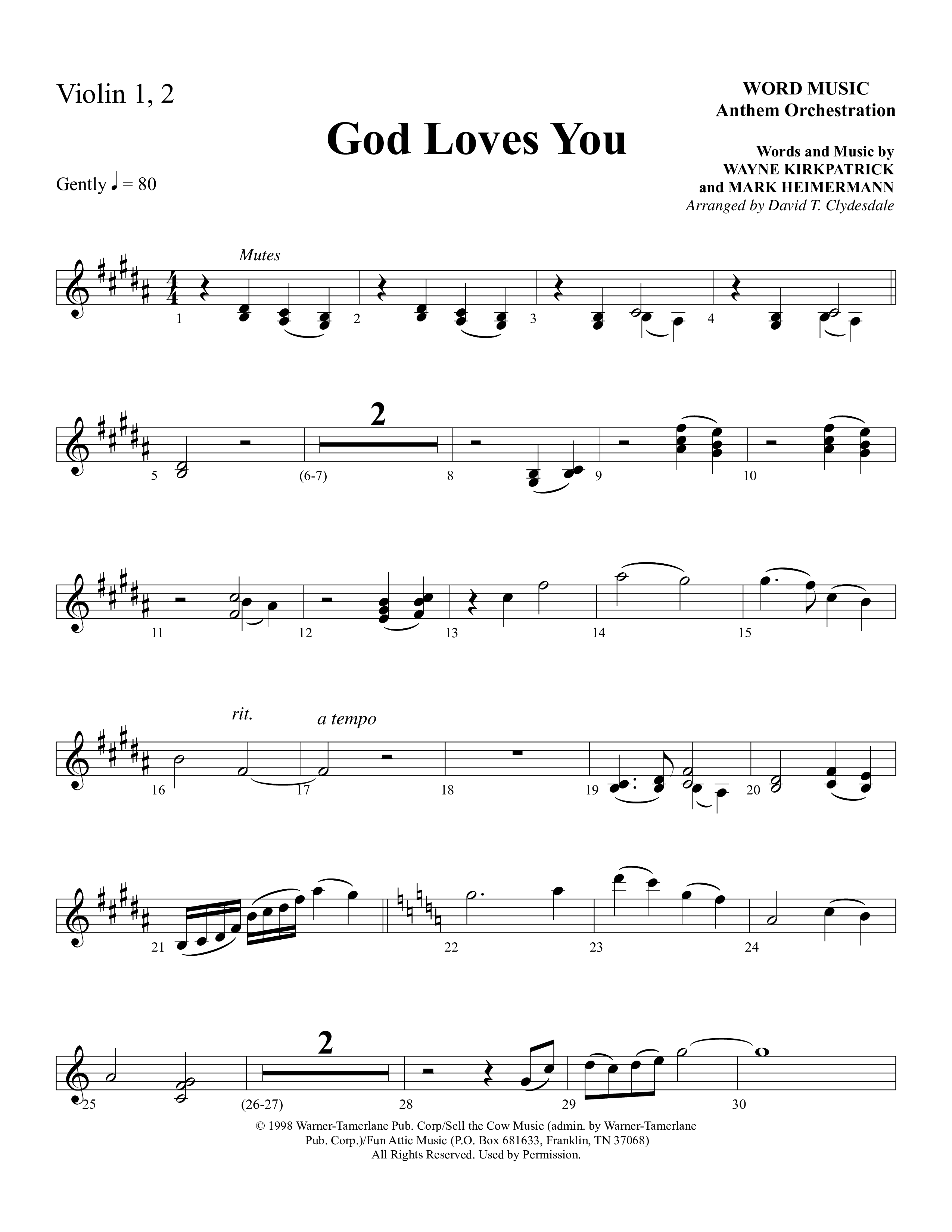 God Loves You (Choral Anthem SATB) Violin 1/2 (Word Music Choral / Arr. David Clydesdale)