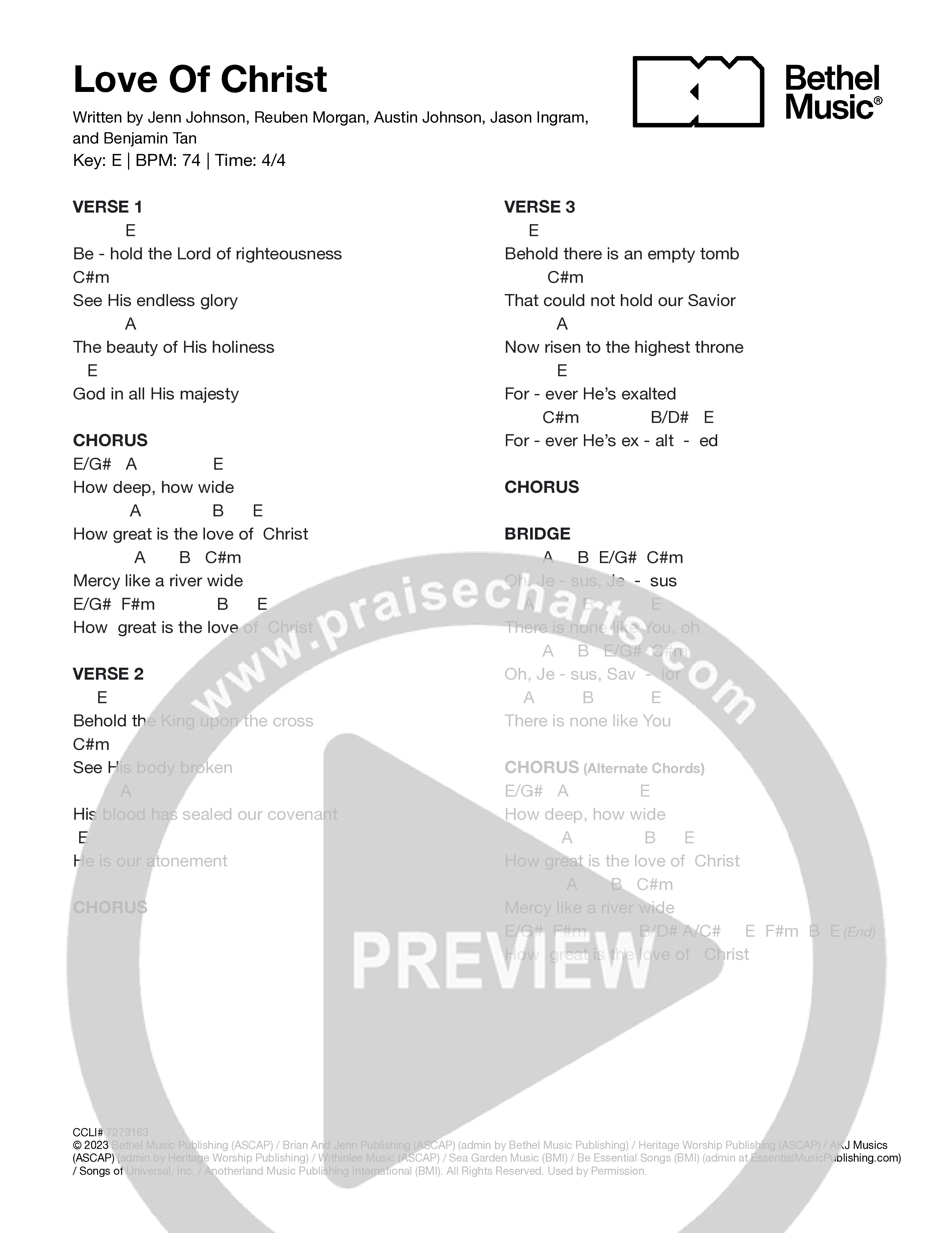 Love Of Christ Chord Chart (Jenn Johnson / Kari Jobe)