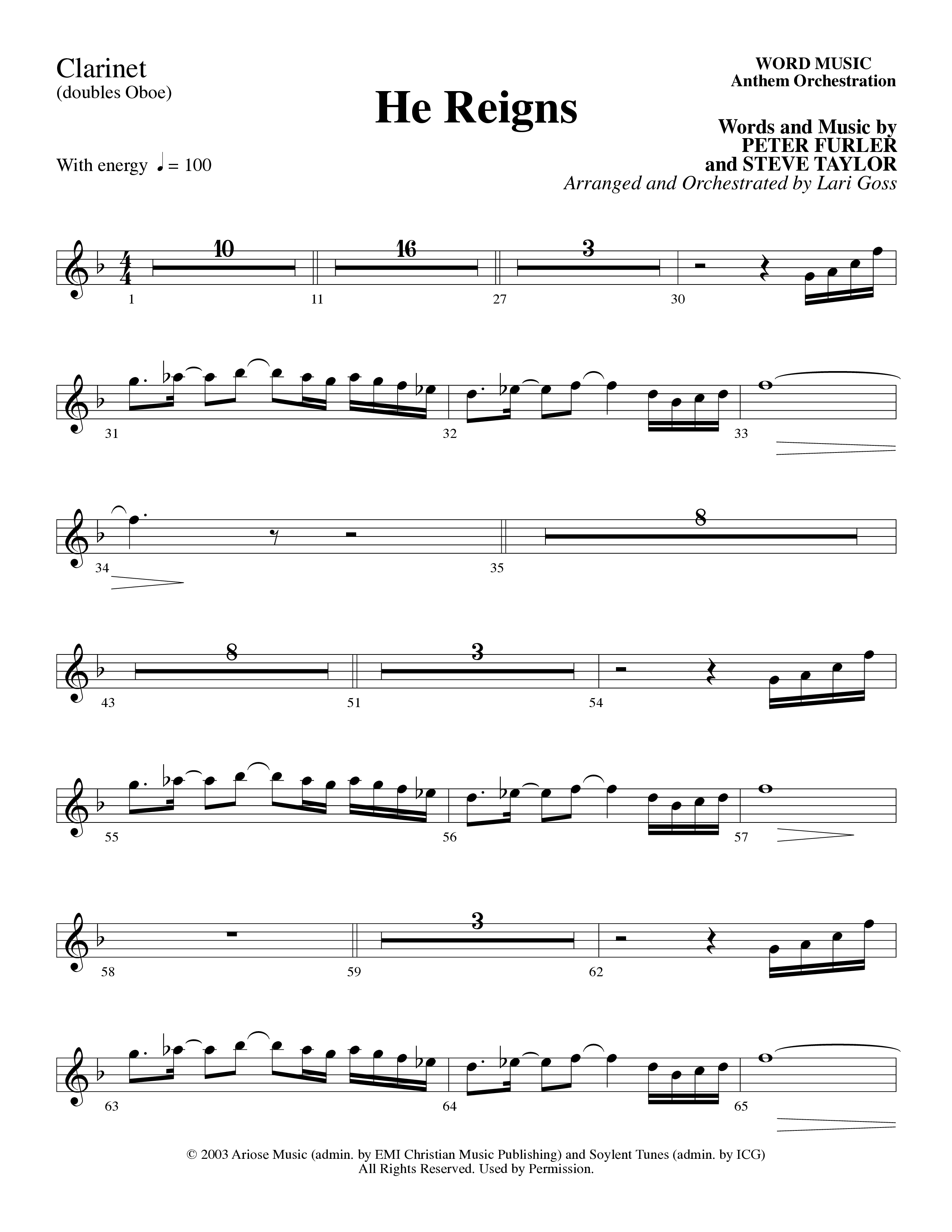 He Reigns (Choral Anthem SATB) Clarinet (Word Music Choral / Arr. Lari Goss)