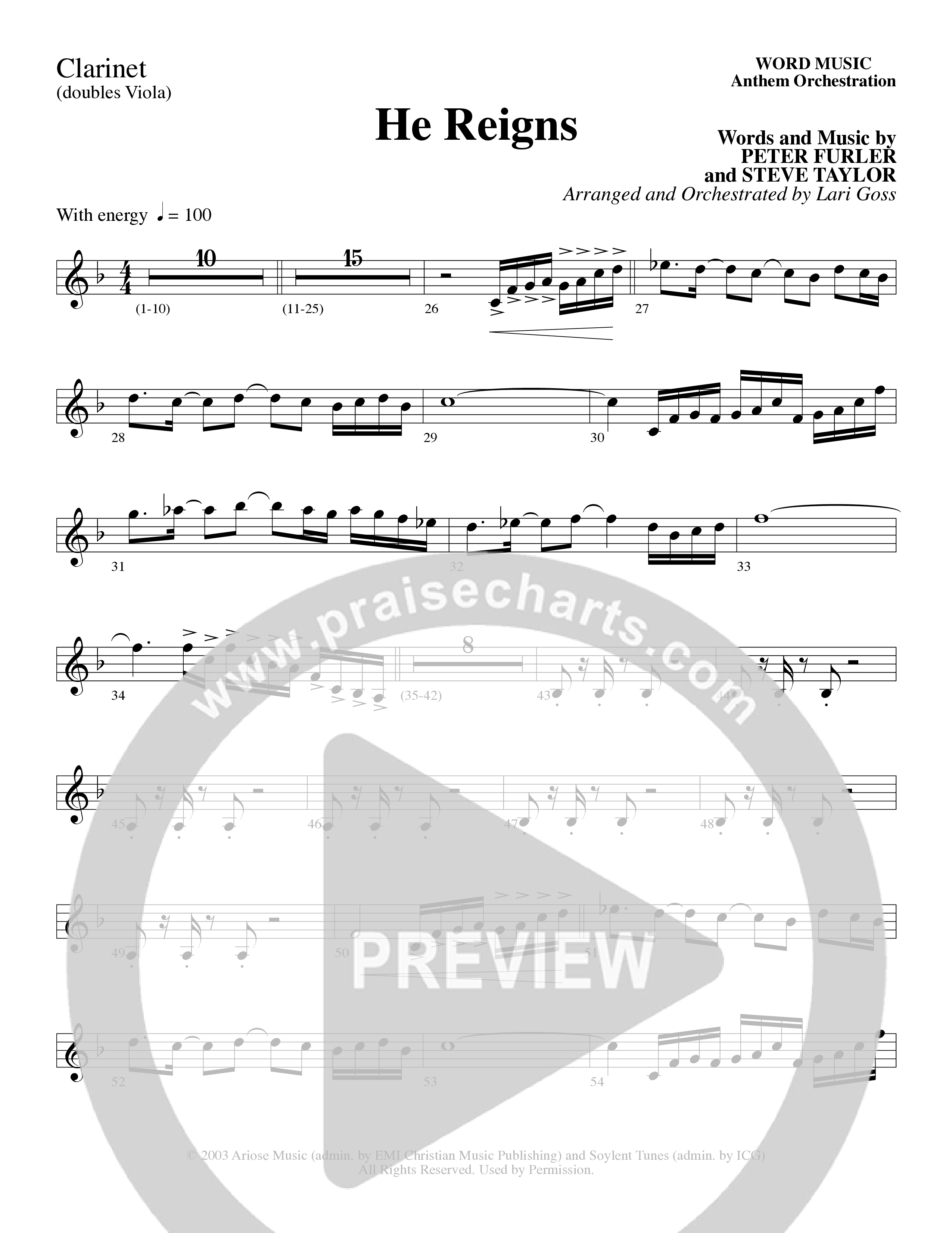 He Reigns (Choral Anthem SATB) Clarinet (Word Music Choral / Arr. Lari Goss)