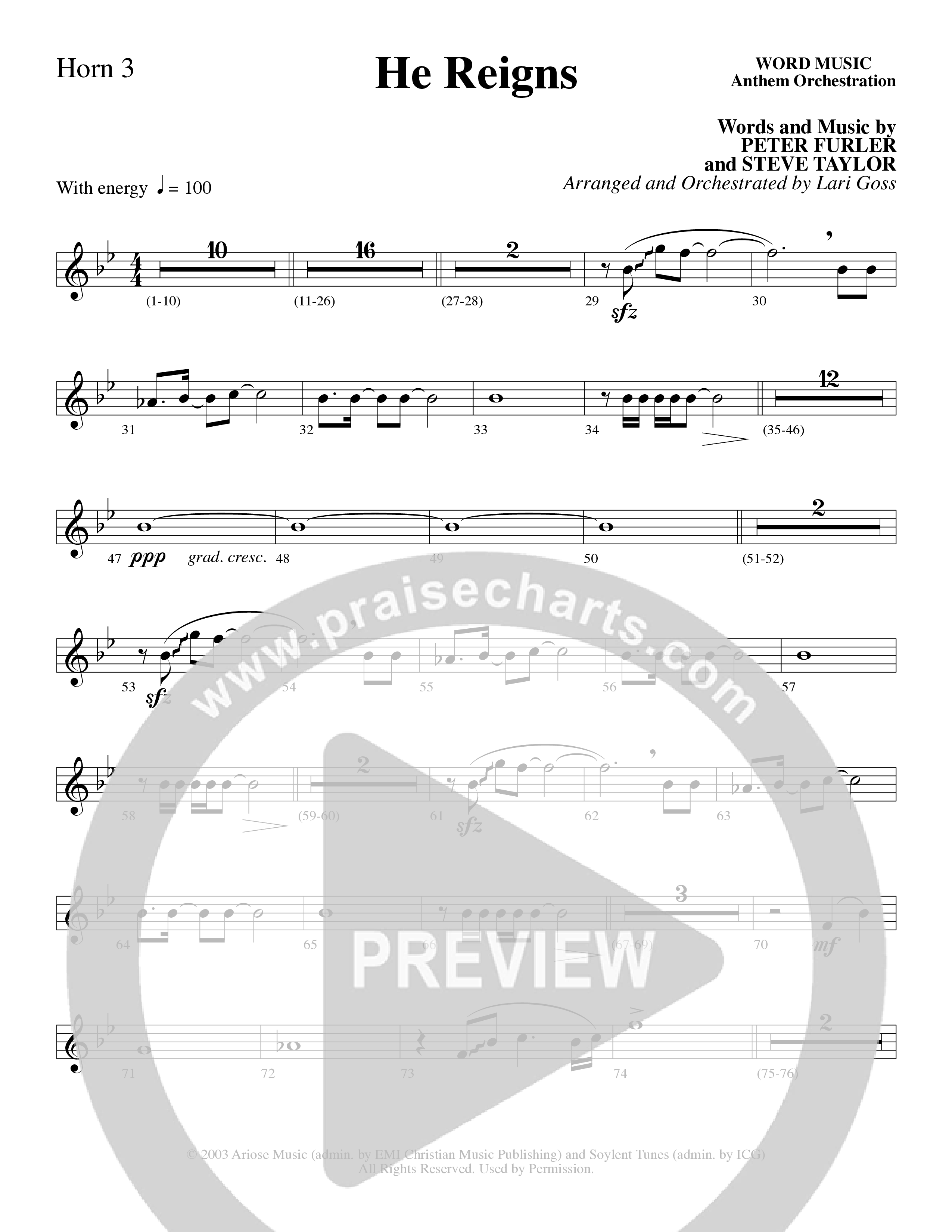 He Reigns (Choral Anthem SATB) French Horn 3 (Word Music Choral / Arr. Lari Goss)