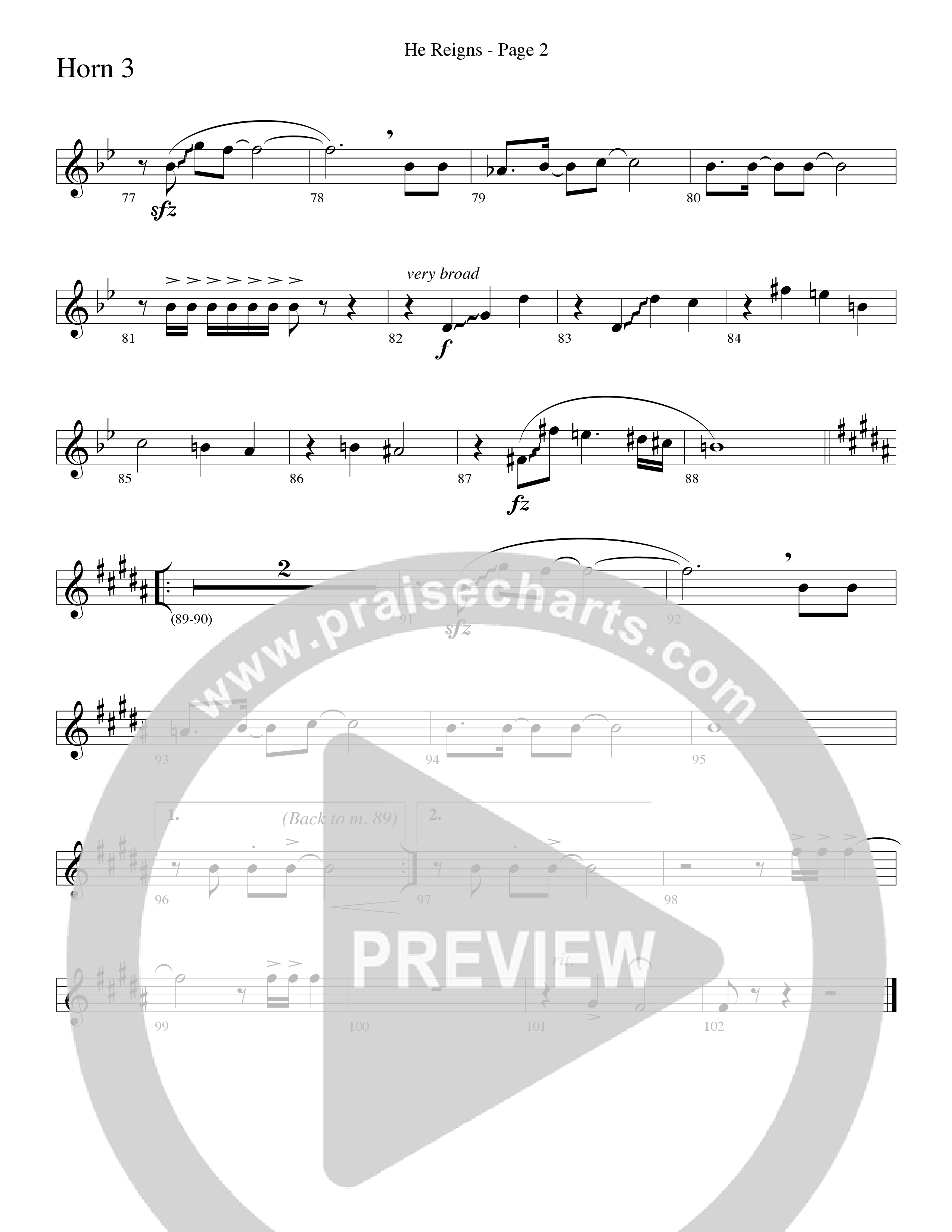 He Reigns (Choral Anthem SATB) French Horn 3 (Word Music Choral / Arr. Lari Goss)