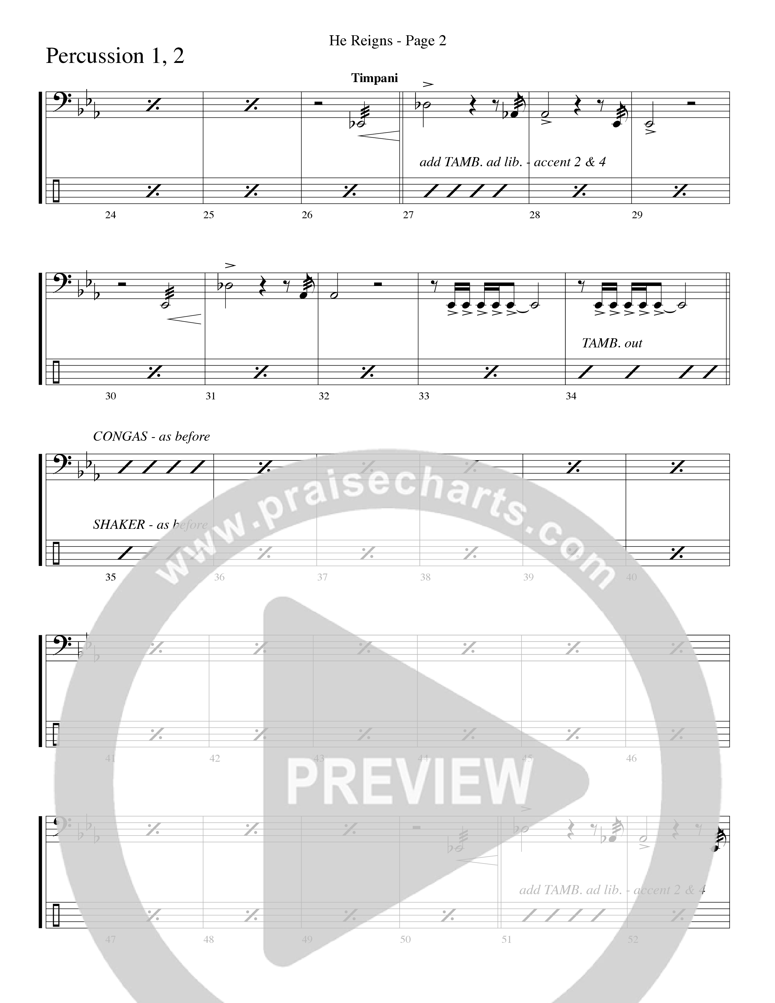 He Reigns (Choral Anthem SATB) Percussion 1/2 (Word Music Choral / Arr. Lari Goss)