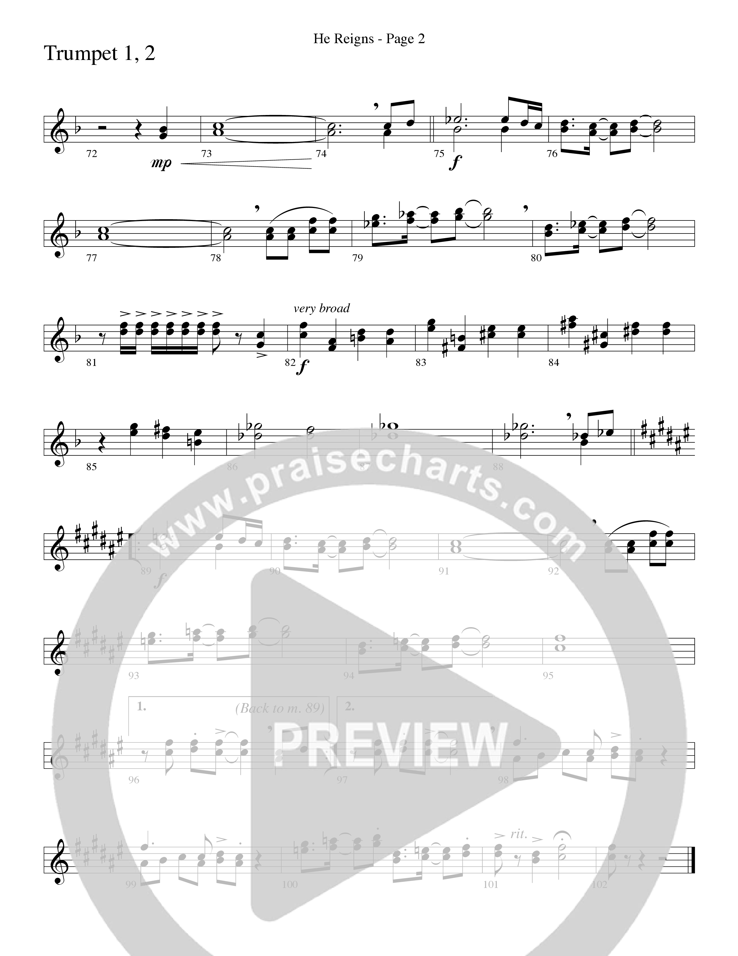 He Reigns (Choral Anthem SATB) Trumpet 1,2 (Word Music Choral / Arr. Lari Goss)