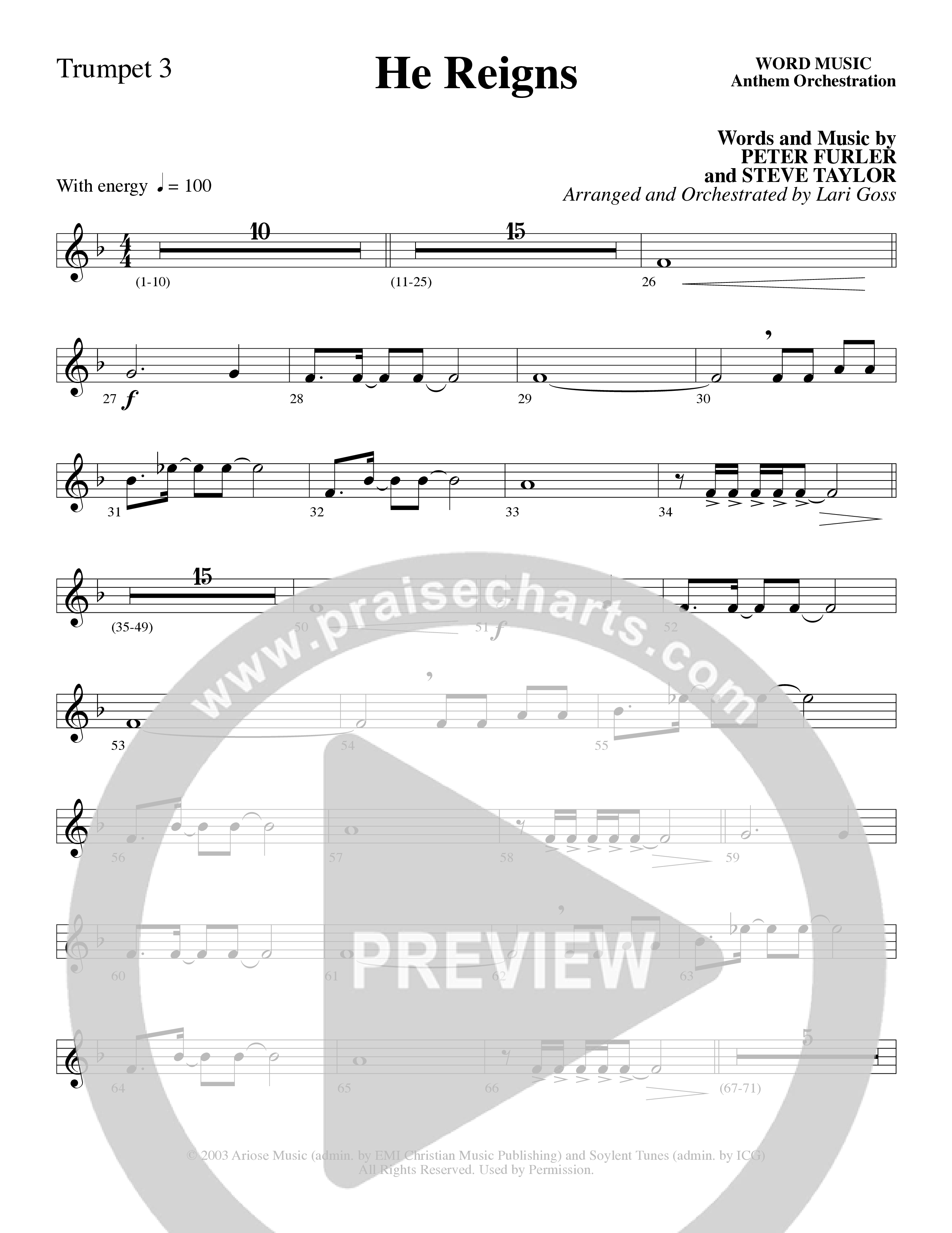 He Reigns (Choral Anthem SATB) Trumpet 3 (Word Music Choral / Arr. Lari Goss)