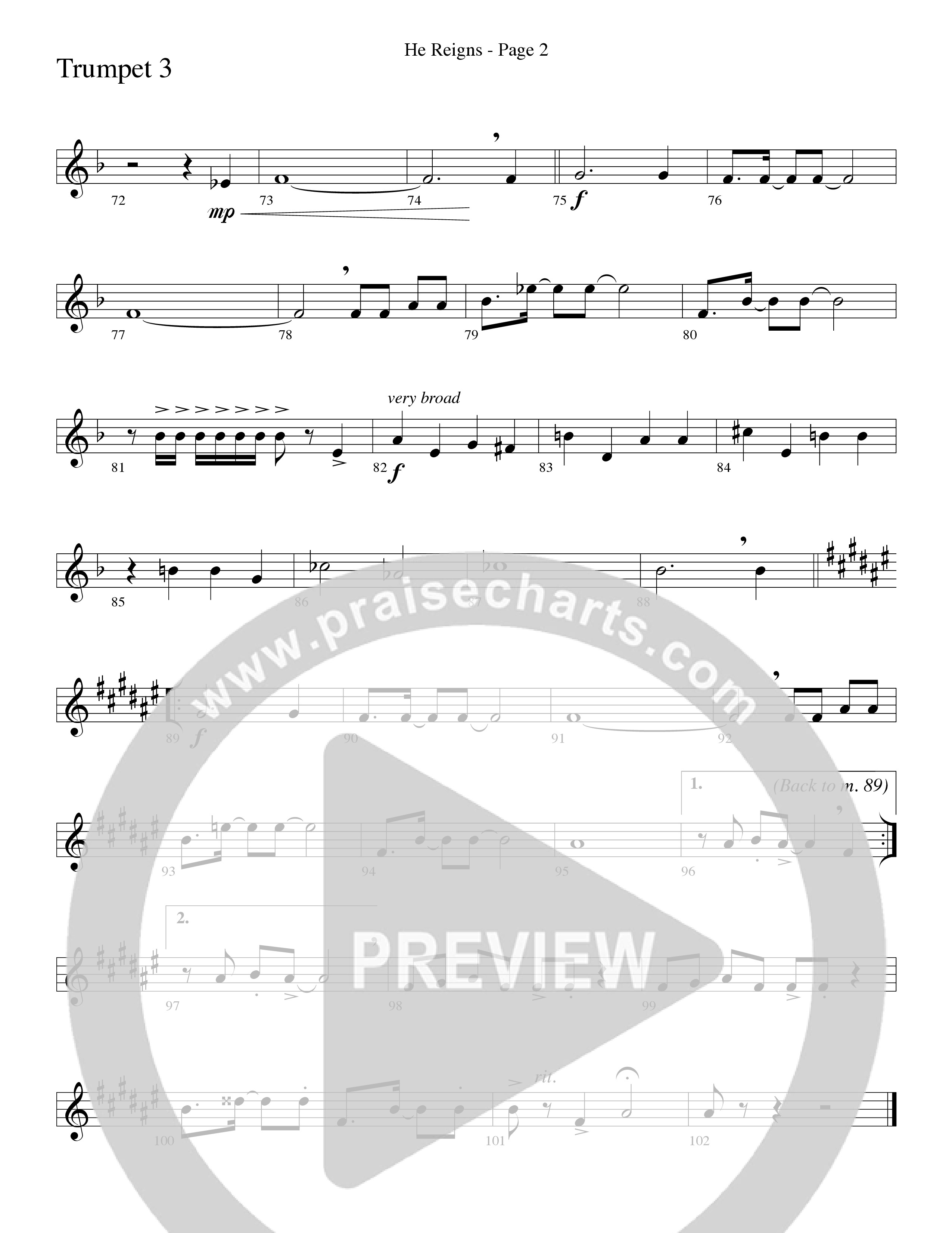 He Reigns (Choral Anthem SATB) Trumpet 3 (Word Music Choral / Arr. Lari Goss)