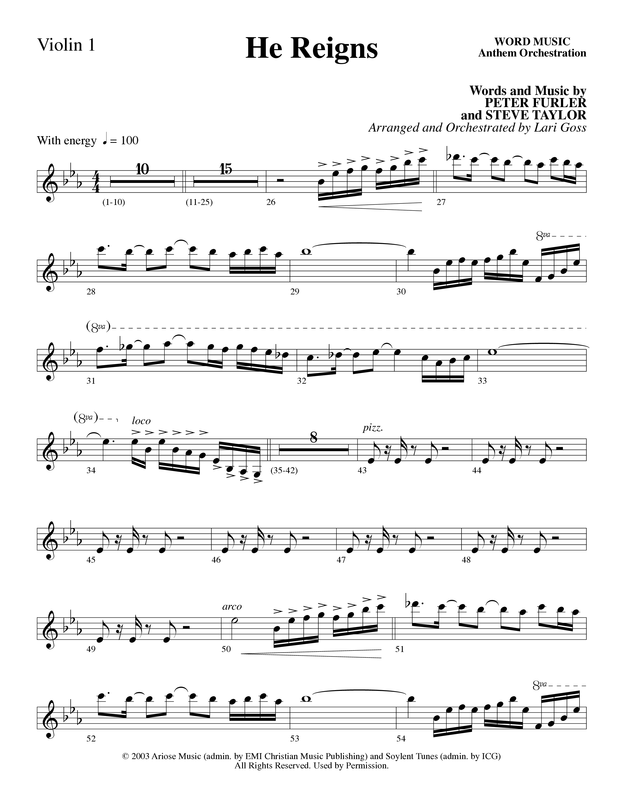 He Reigns (Choral Anthem SATB) Violin 1/2 (Word Music Choral / Arr. Lari Goss)