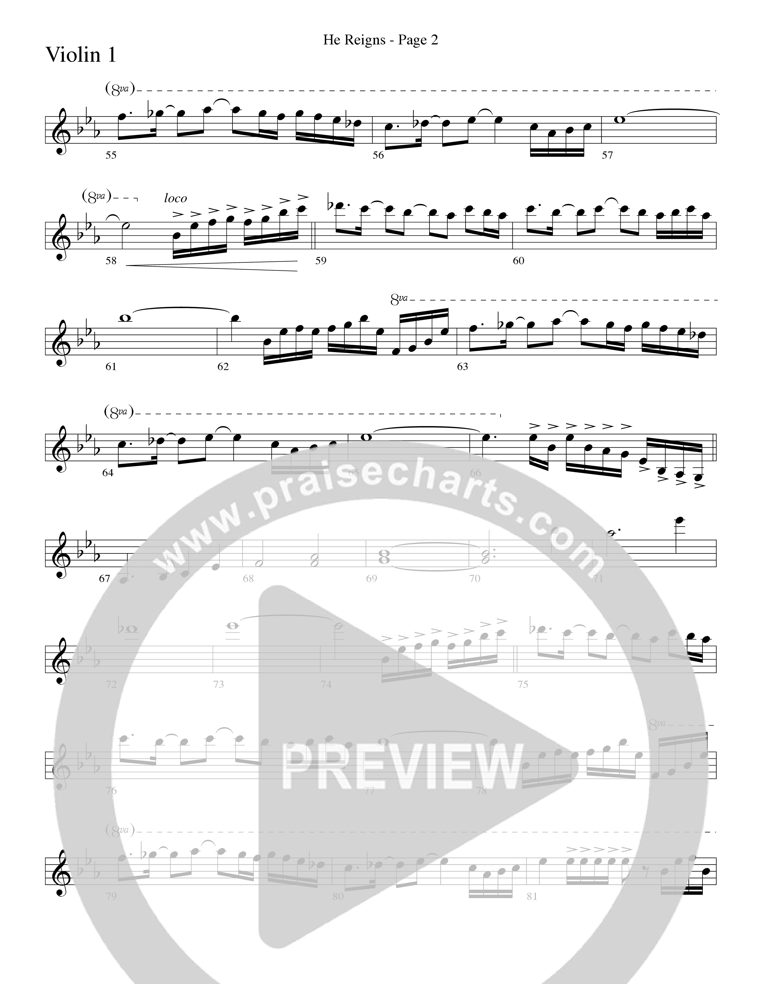 He Reigns (Choral Anthem SATB) Violin 1/2 (Word Music Choral / Arr. Lari Goss)