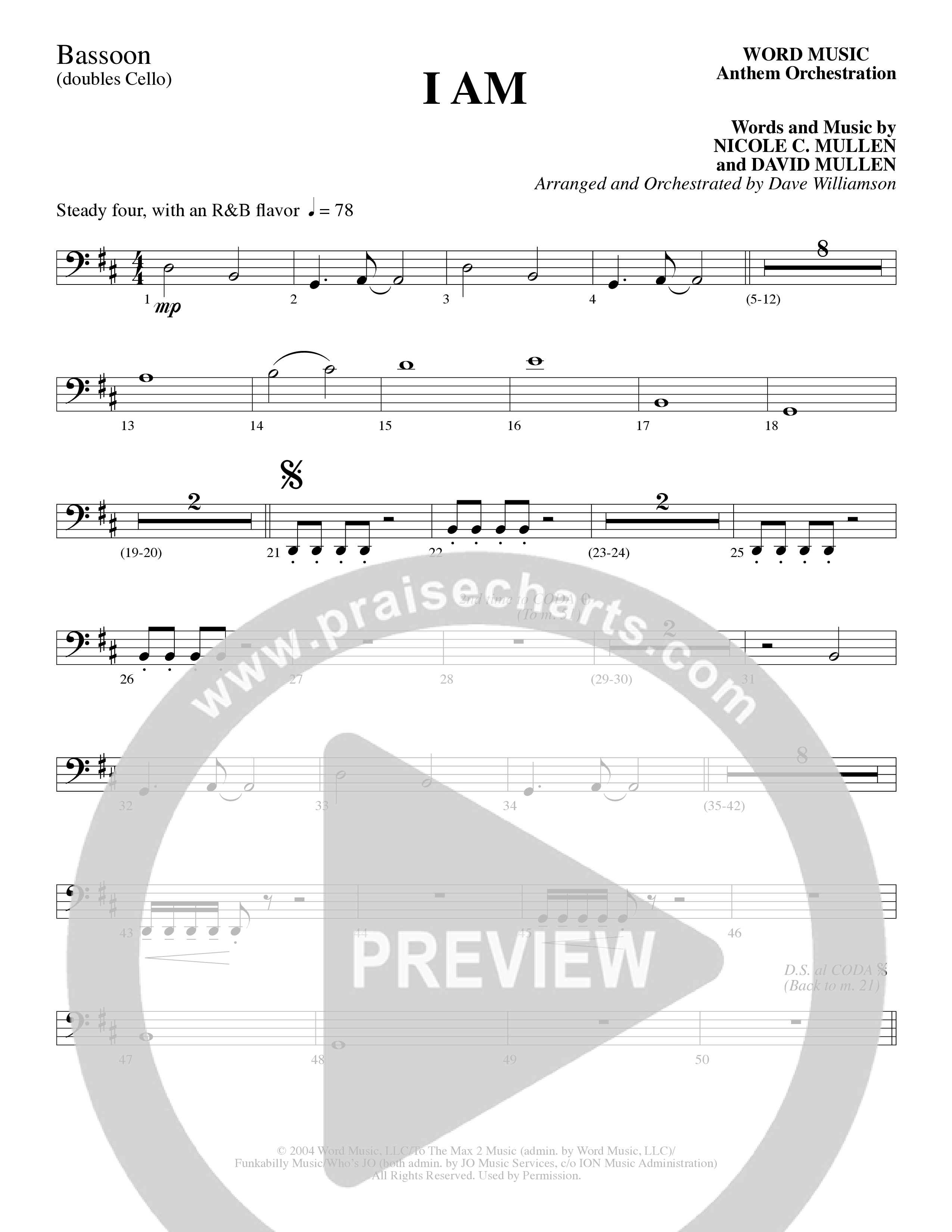 I Am (Choral Anthem SATB) Bassoon (Word Music Choral / Arr. Dave Williamson)