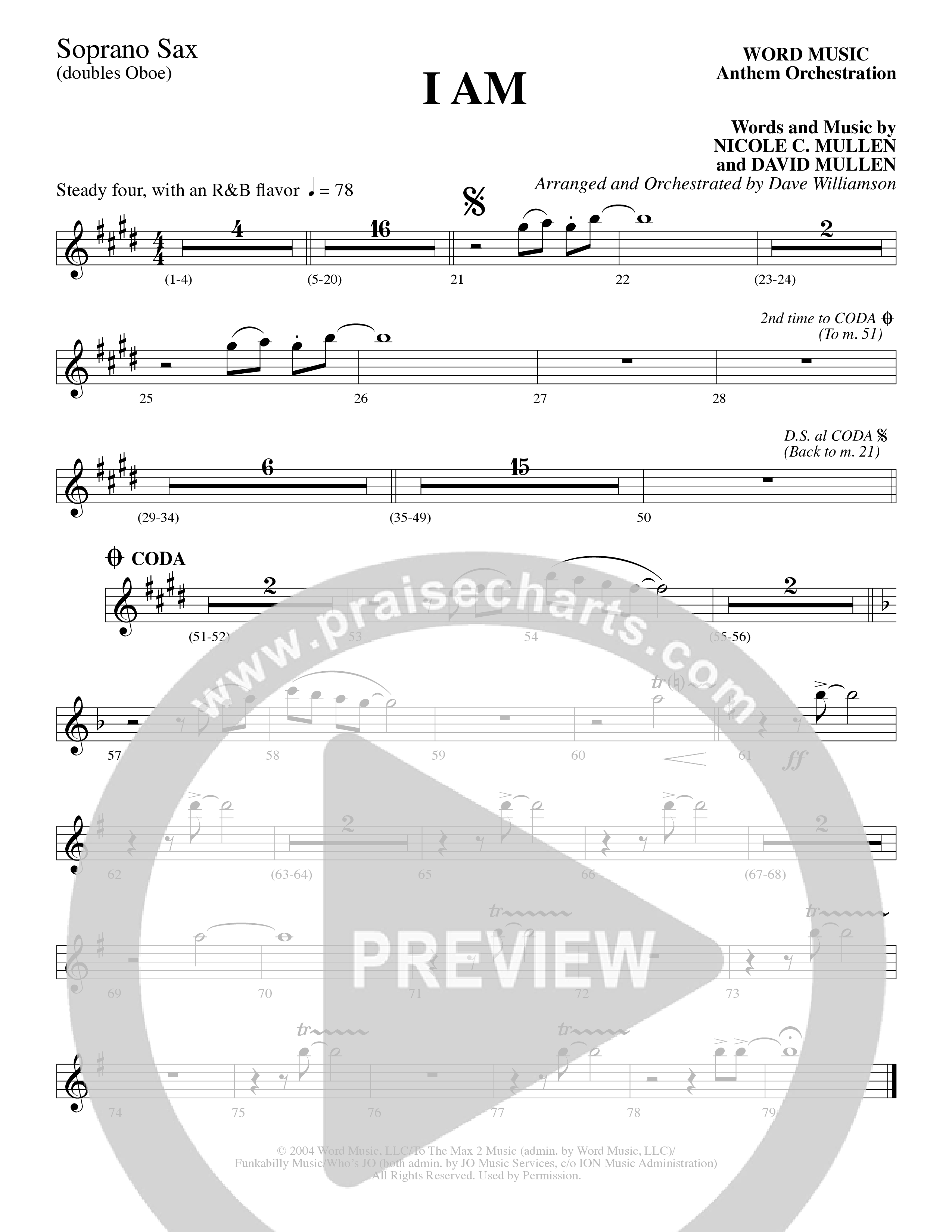 I Am (Choral Anthem SATB) Soprano Sax (Word Music Choral / Arr. Dave Williamson)