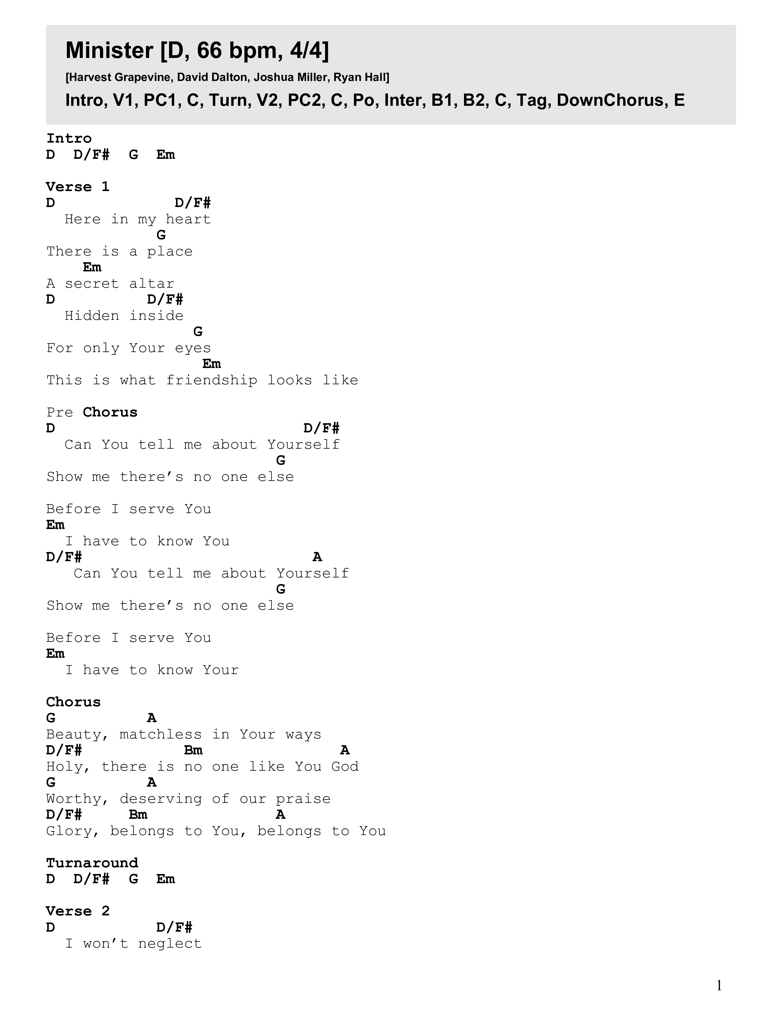 Minister Chord Chart (Harvest)