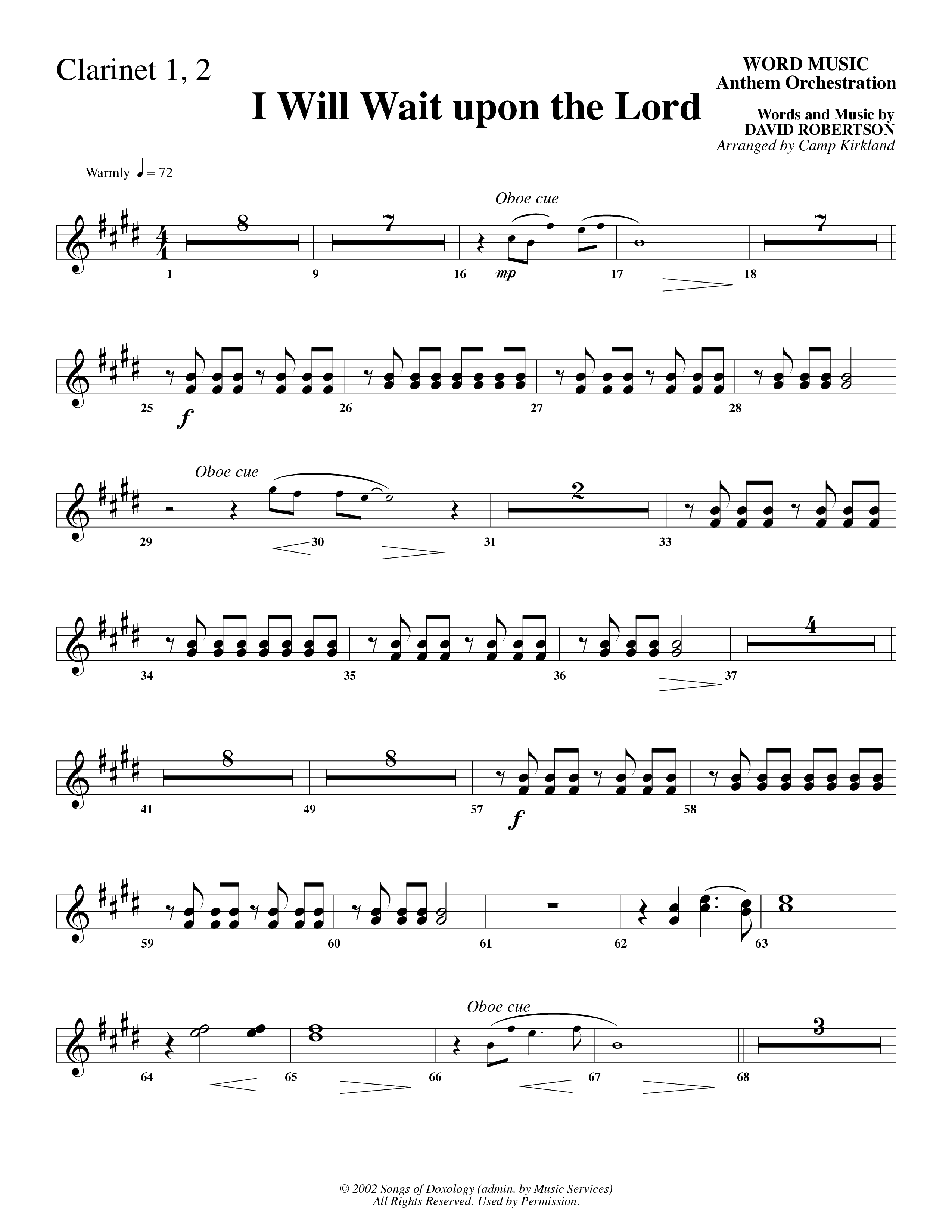 I Will Wait Upon The Lord (Choral Anthem SATB) Clarinet 1/2 (Word Music Choral / Arr. Camp Kirkland)