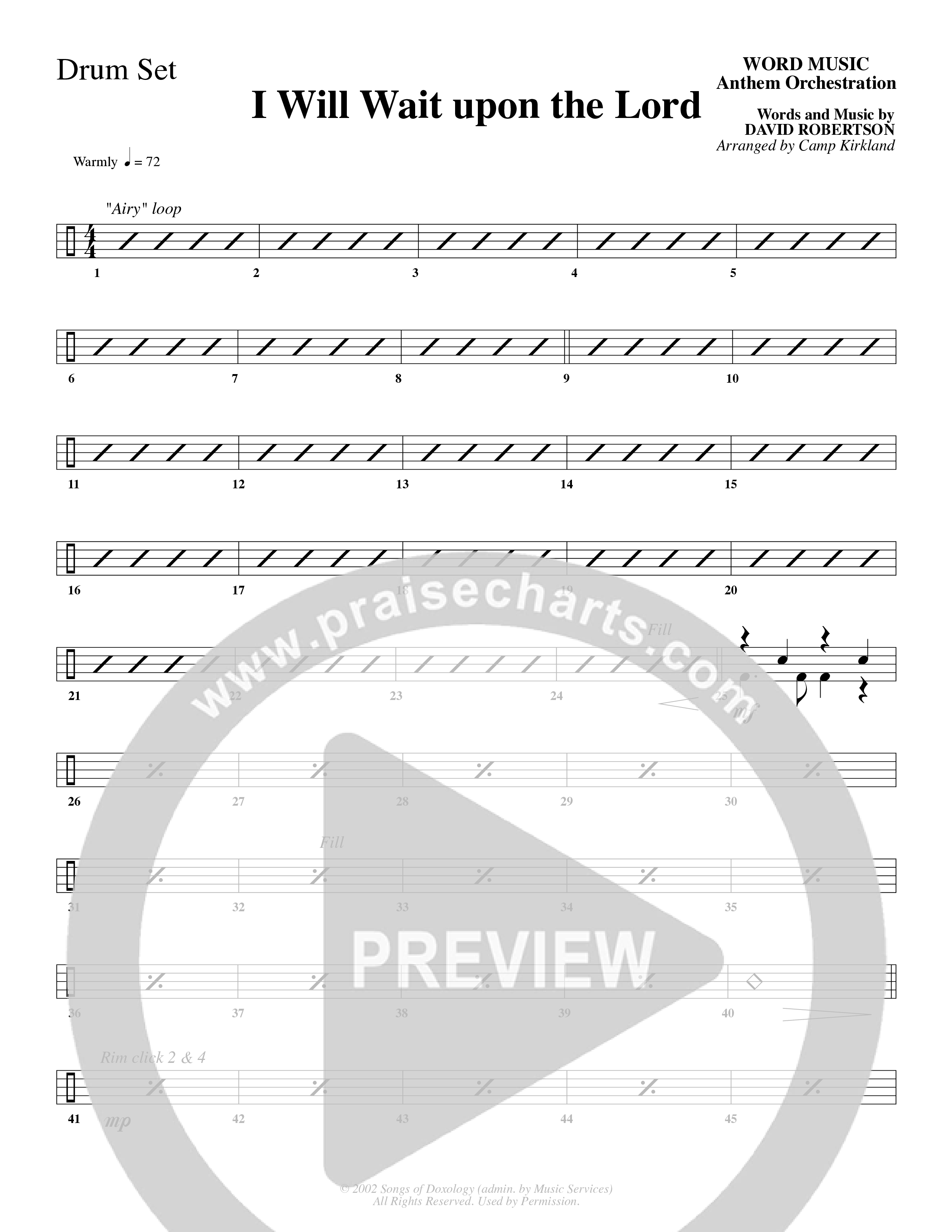 I Will Wait Upon The Lord (Choral Anthem SATB) Drum Set (Word Music Choral / Arr. Camp Kirkland)
