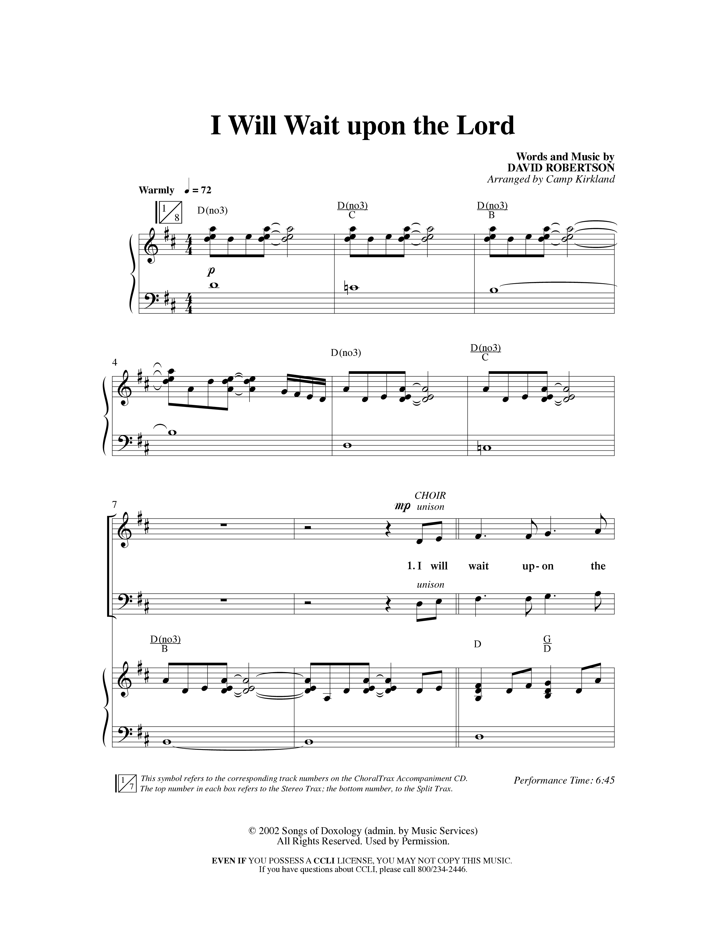 I Will Wait Upon The Lord (Choral Anthem SATB) Anthem (SATB/Piano) (Word Music Choral / Arr. Camp Kirkland)