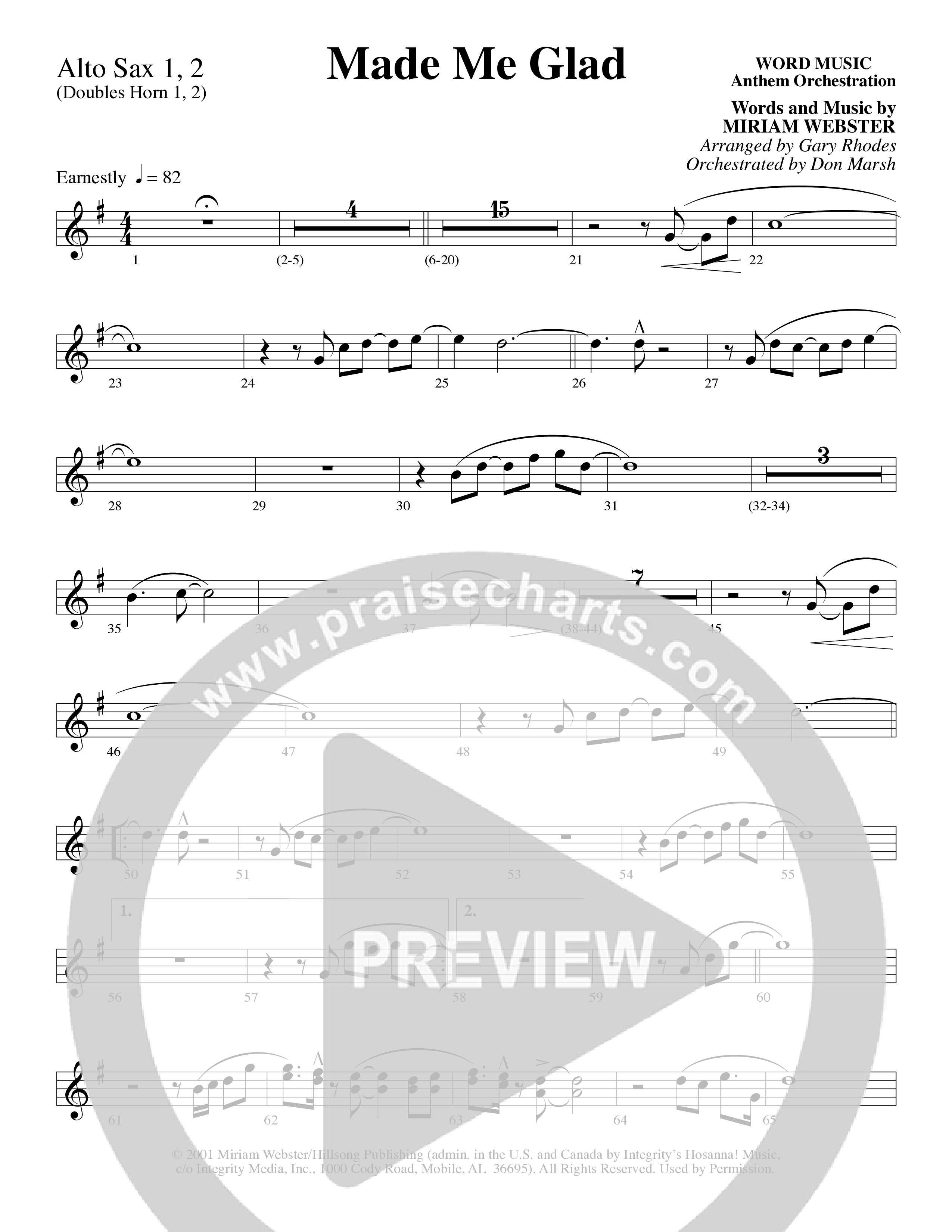 Made Me Glad (Choral Anthem SATB) Alto Sax 1/2 (Word Music Choral / Arr. Gary Rhodes / Orch. Don Marsh)