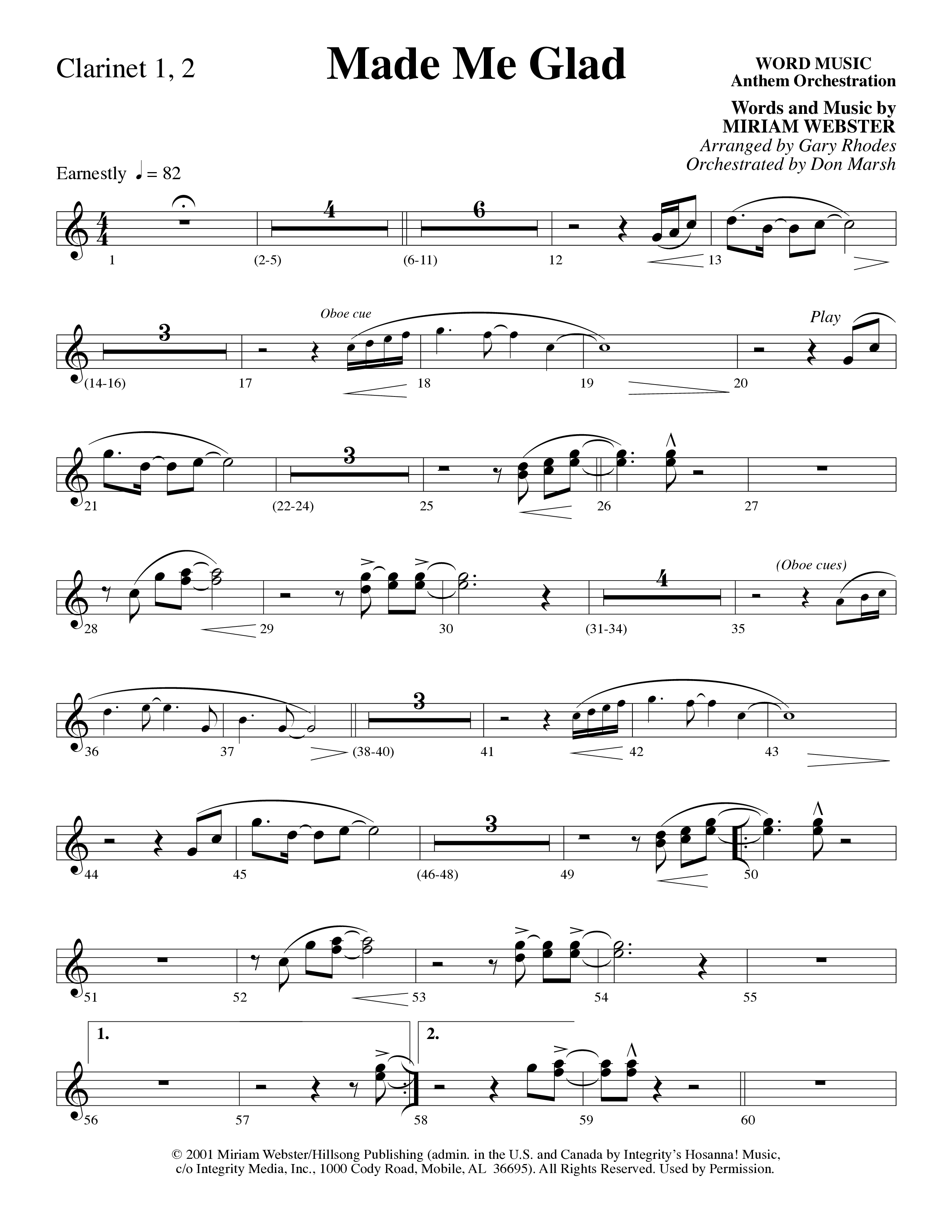 Made Me Glad (Choral Anthem SATB) Clarinet 1/2 (Word Music Choral / Arr. Gary Rhodes / Orch. Don Marsh)