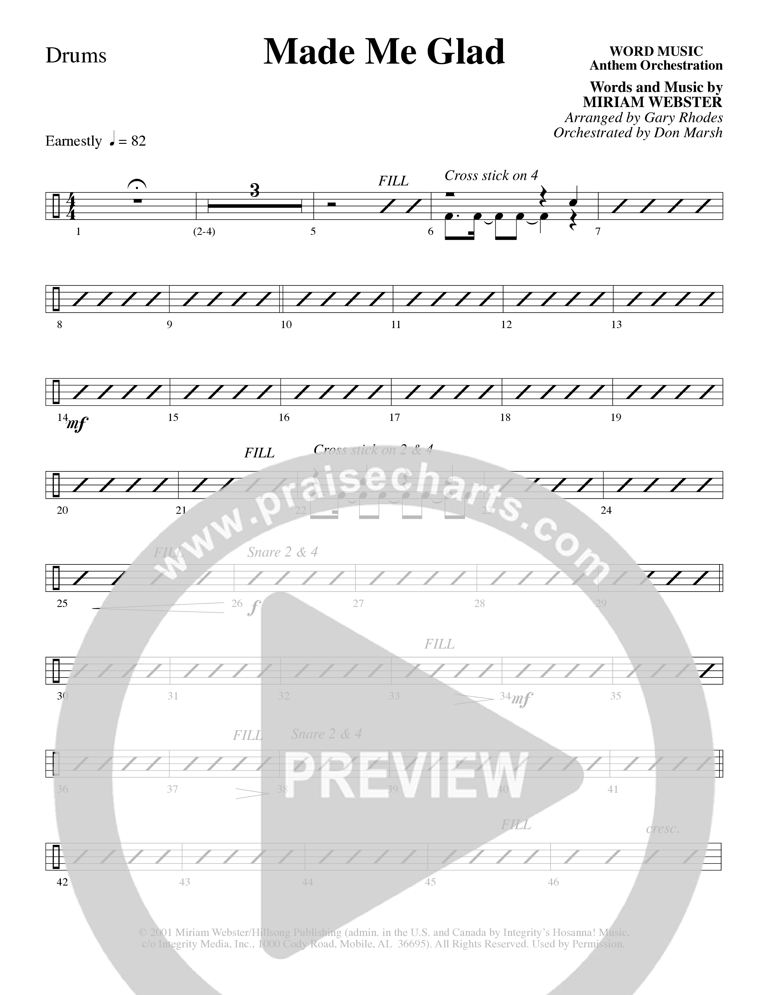 Made Me Glad (Choral Anthem SATB) Drum Set (Word Music Choral / Arr. Gary Rhodes / Orch. Don Marsh)