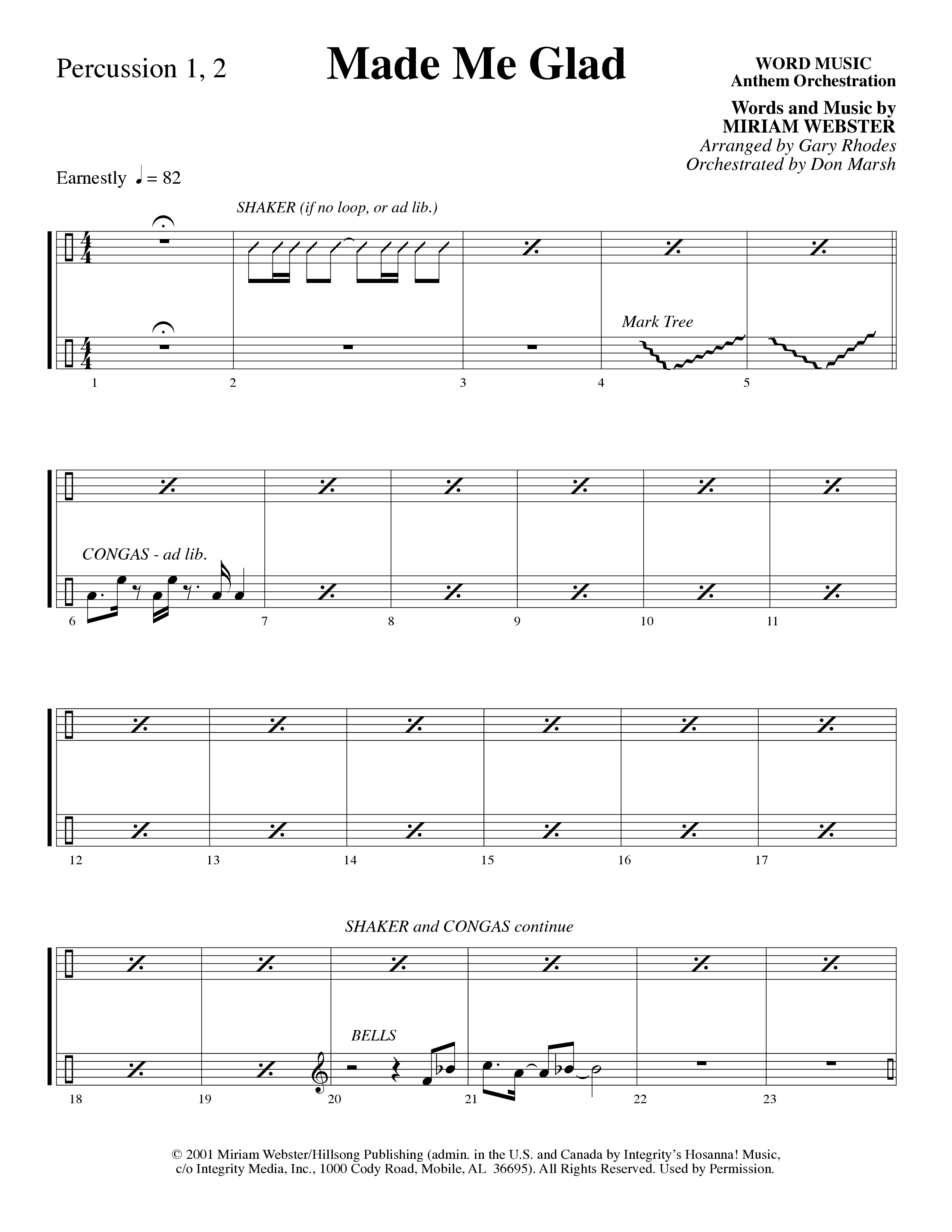 Made Me Glad (Choral Anthem SATB) Percussion 1/2 (Word Music Choral / Arr. Gary Rhodes / Orch. Don Marsh)