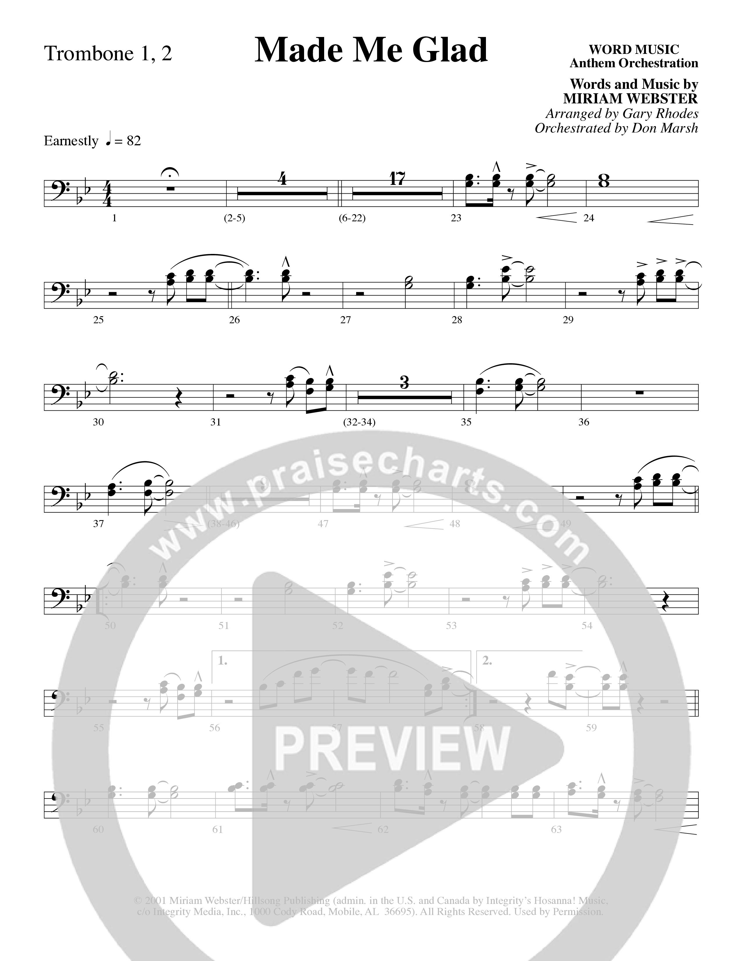 Made Me Glad (Choral Anthem SATB) Trombone 1/2 (Word Music Choral / Arr. Gary Rhodes / Orch. Don Marsh)