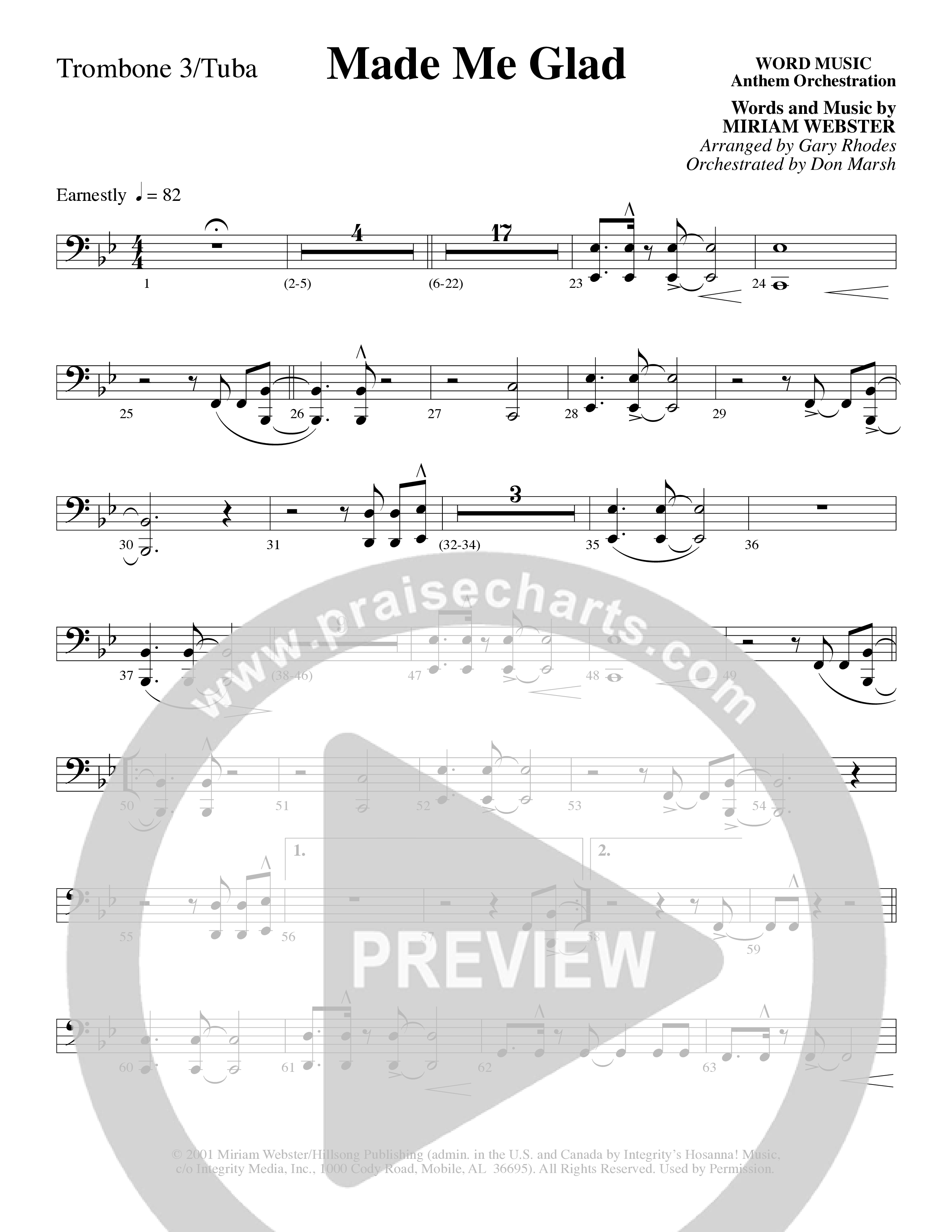 Made Me Glad (Choral Anthem SATB) Trombone 3 (Word Music Choral / Arr. Gary Rhodes / Orch. Don Marsh)