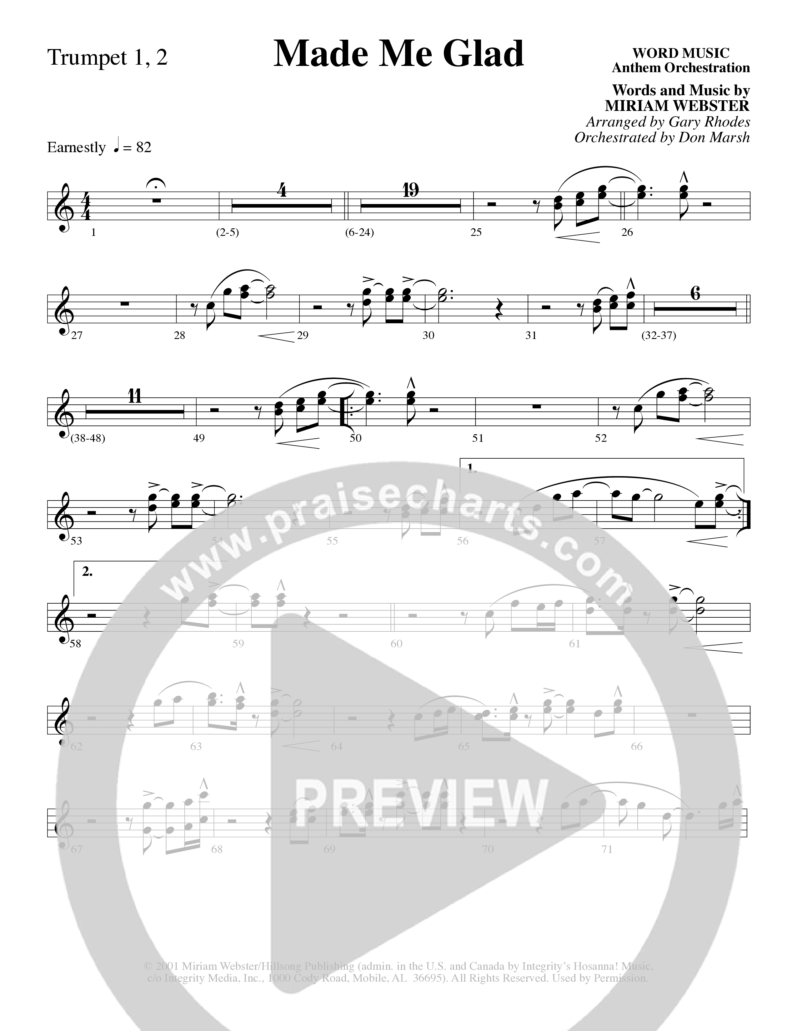 Made Me Glad (Choral Anthem SATB) Trumpet 1,2 (Word Music Choral / Arr. Gary Rhodes / Orch. Don Marsh)