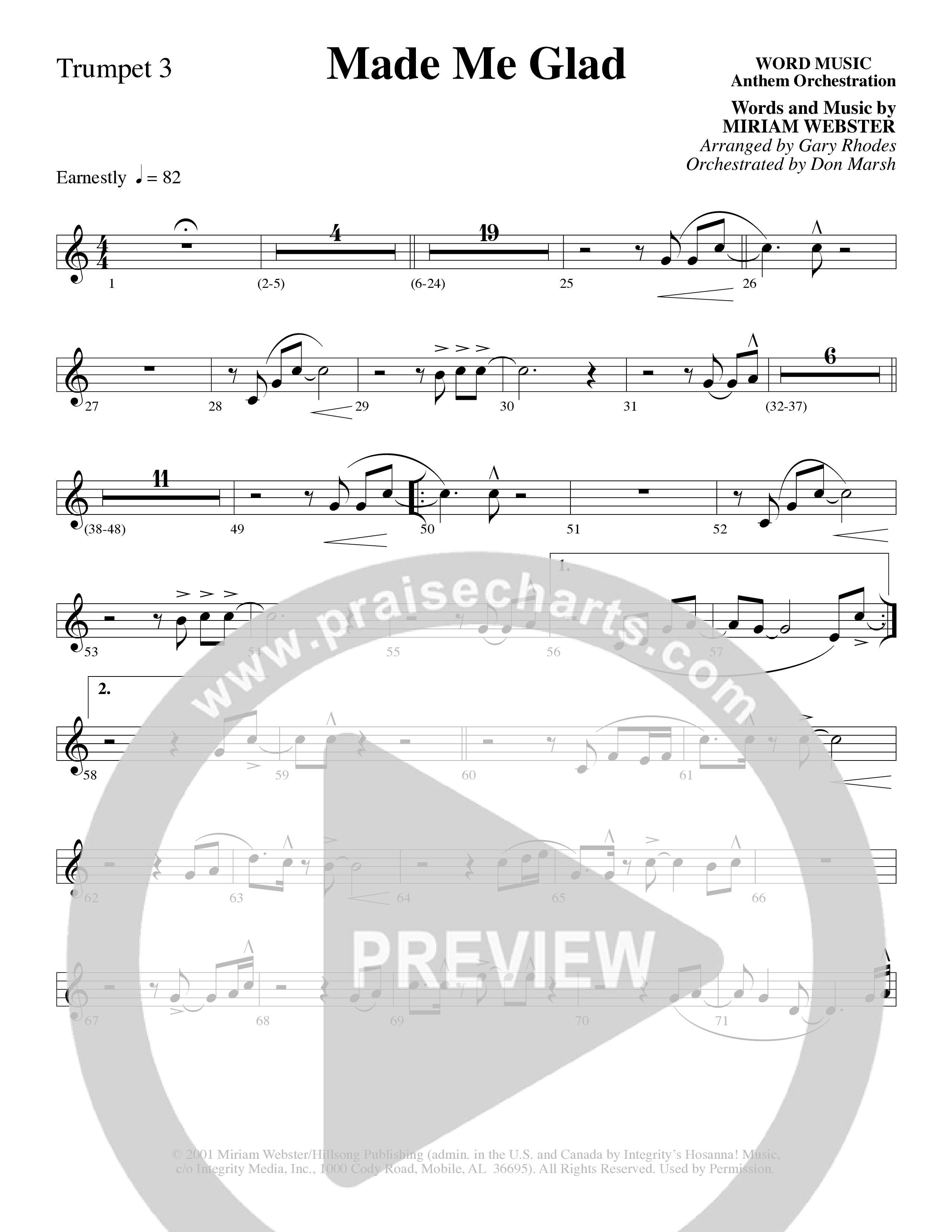 Made Me Glad (Choral Anthem SATB) Trumpet 3 (Word Music Choral / Arr. Gary Rhodes / Orch. Don Marsh)