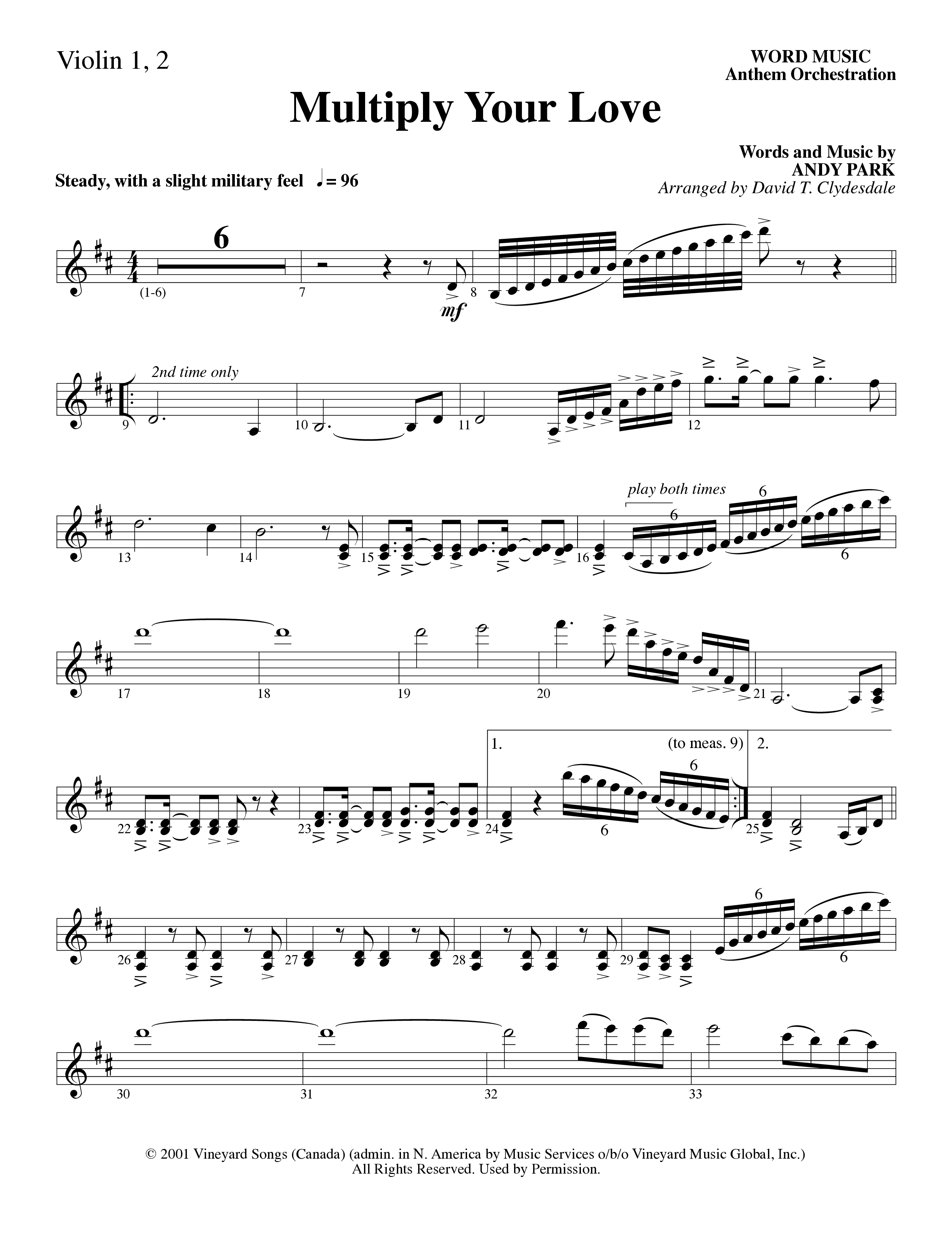 Multiply Your Love (Choral Anthem SATB) Violin 1/2 (Word Music Choral / Arr. David Clydesdale)