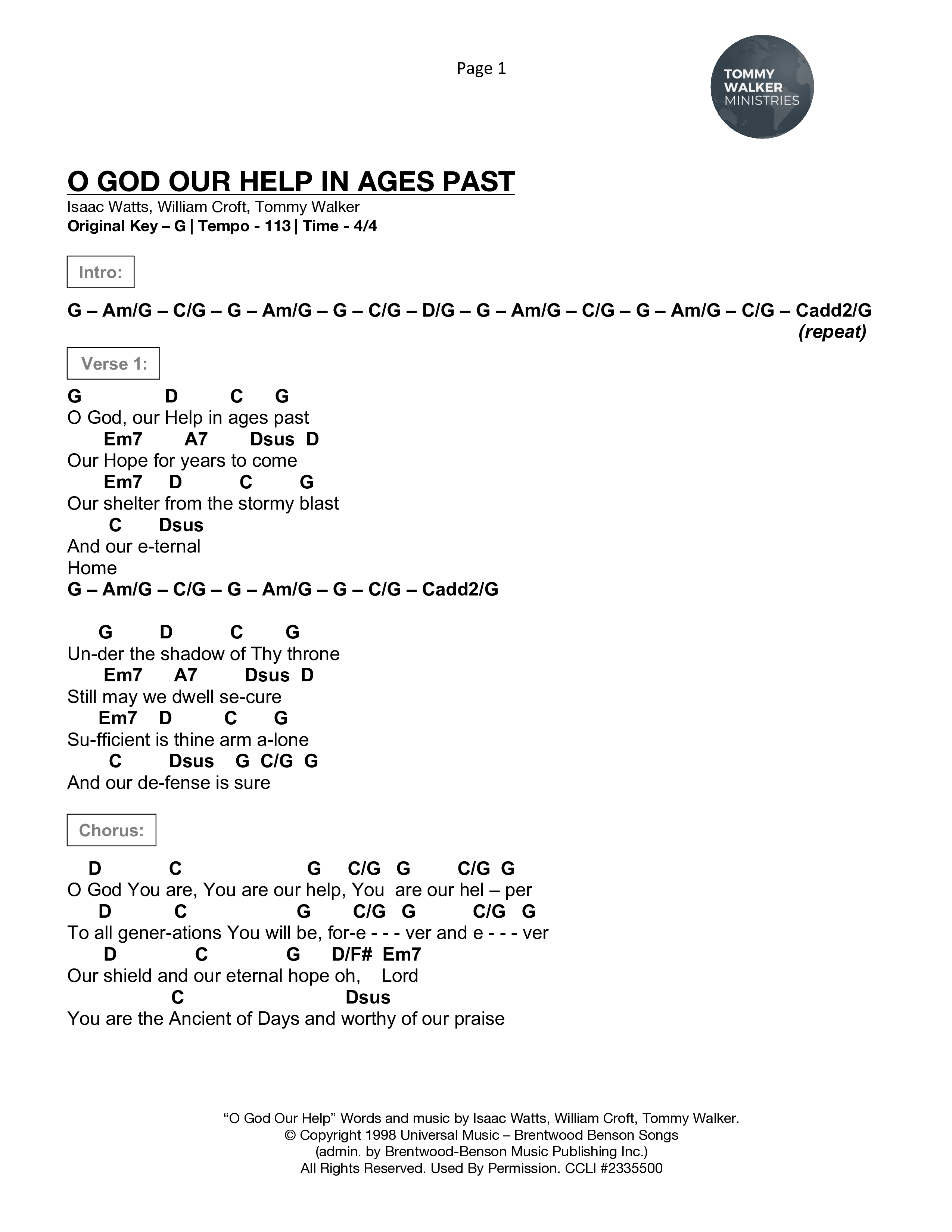 O God Our Help In Ages Past Chord Chart (Tommy Walker)
