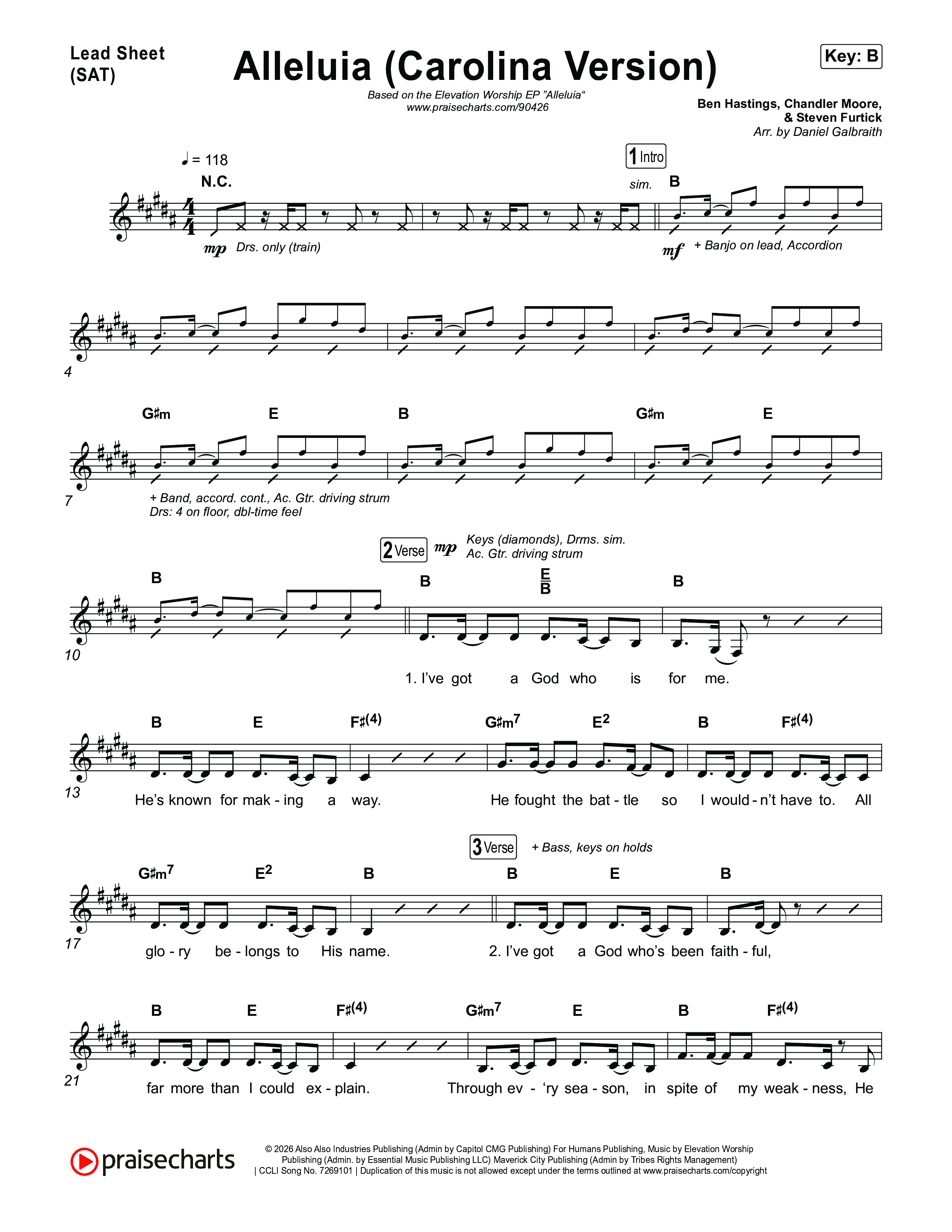 Alleluia (Carolina Version) Lead Sheet (SAT) (Elevation Worship)