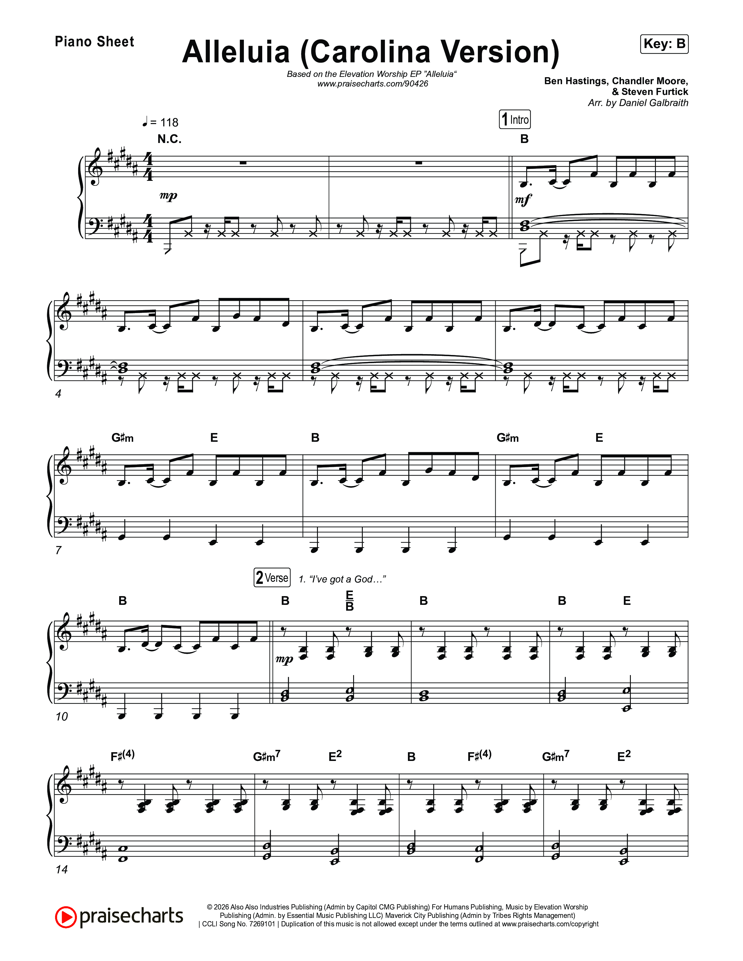 Alleluia (Carolina Version) Piano Sheet (Elevation Worship)