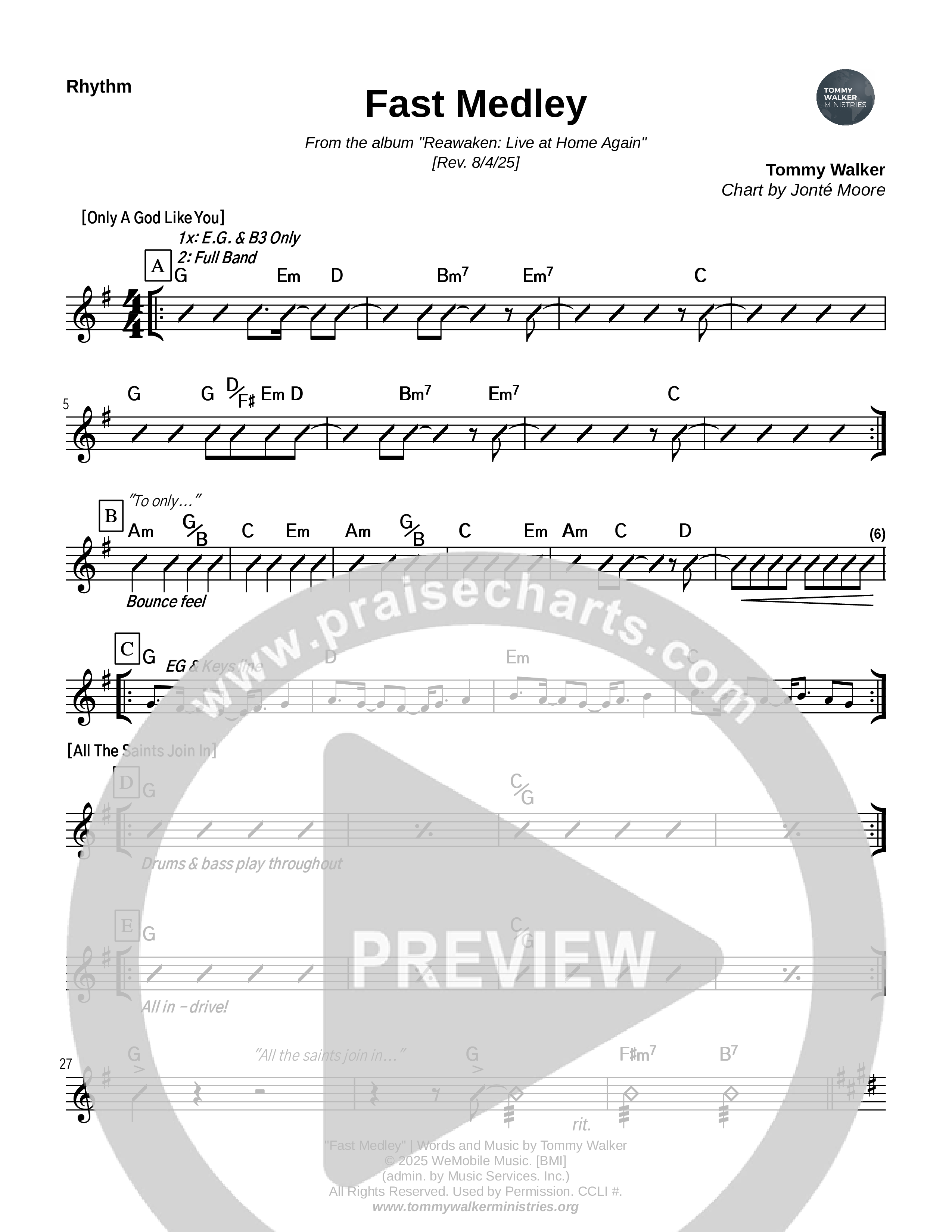 Fast Medley Rhythm Chart (Tommy Walker)