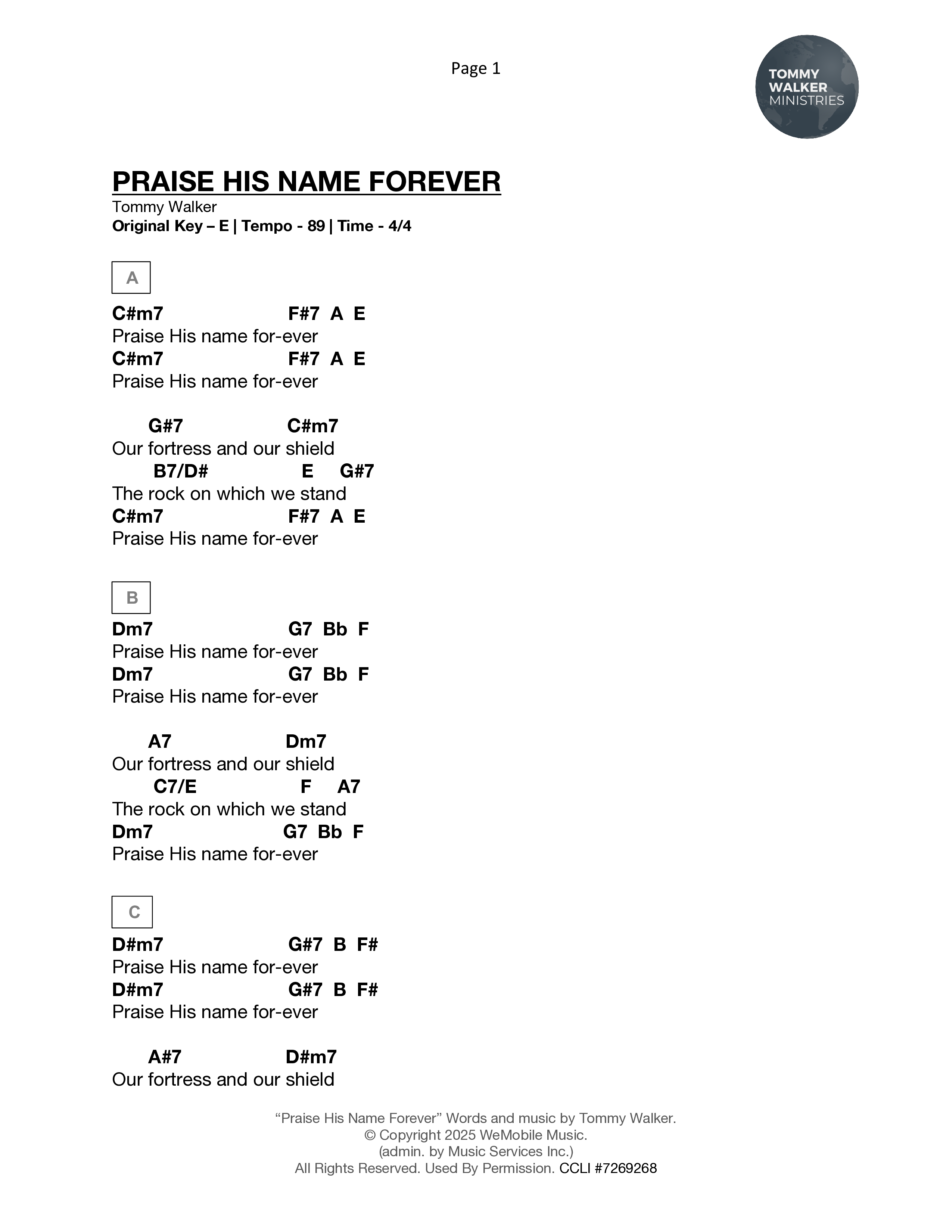 Praise His Name Forever Chord Chart (Tommy Walker)