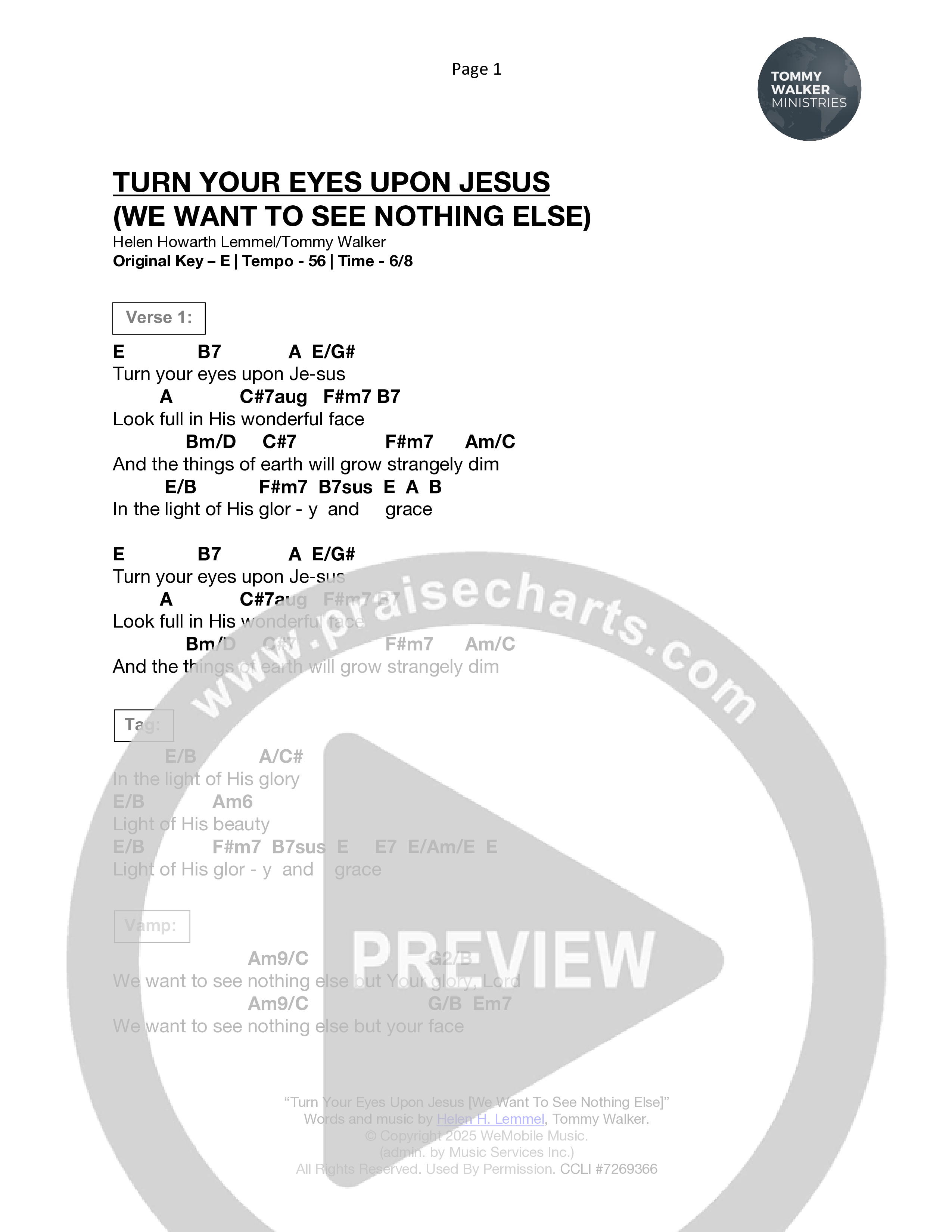 Turn Your Eyes Upon Jesus (We Want To See Nothing Else) Chord Chart (Tommy Walker)